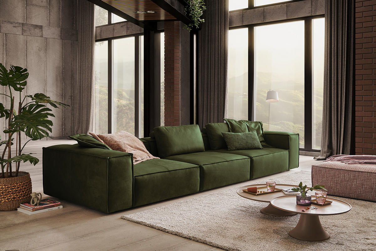 SOFA CARMO Grün Leder - Schwarz/Olivgrün, Leder/Kunststoff (366/68/118cm) - KAWOLA