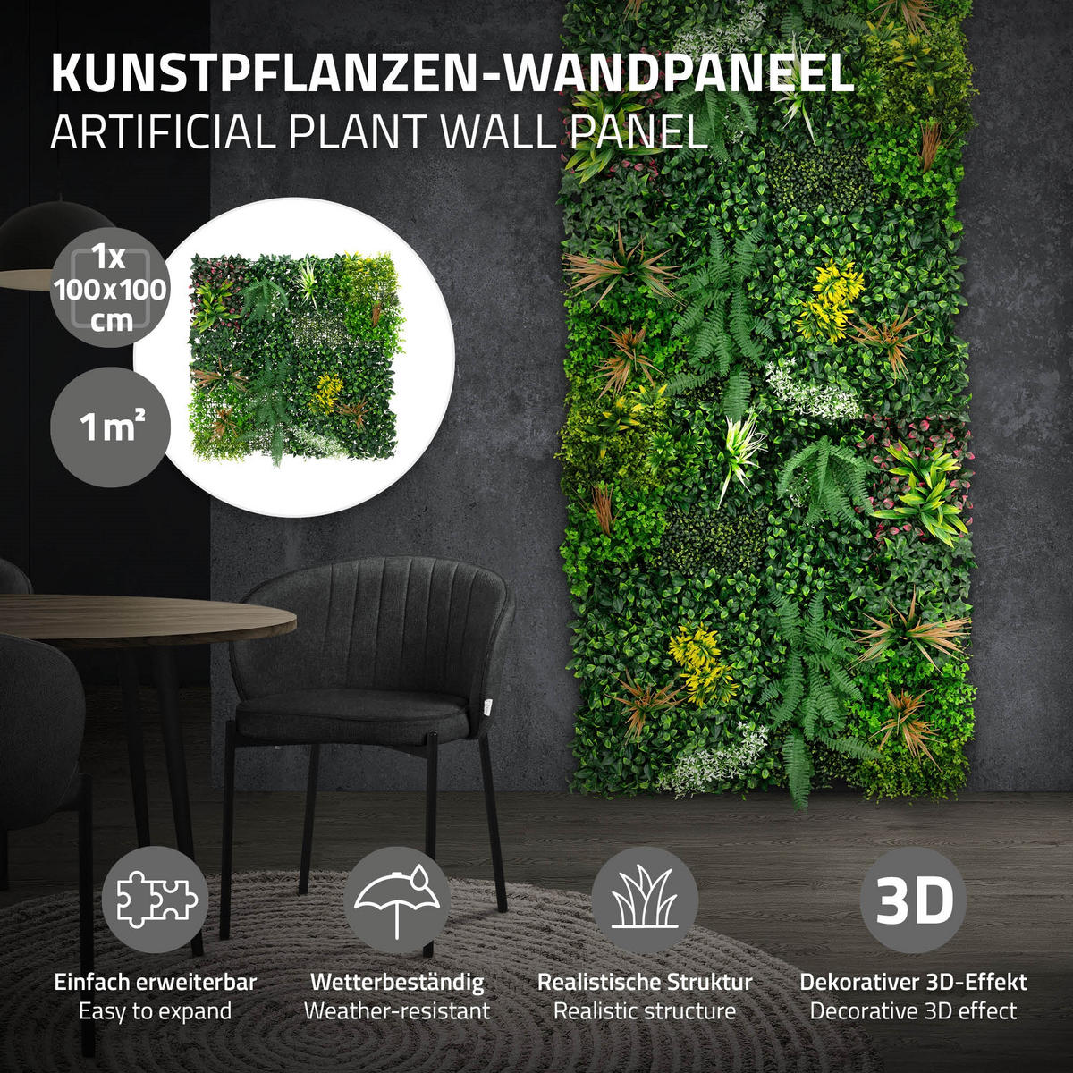 KUNSTPFLANZEN WANDPANEEL Jungle Mix 100x100 cm Grün aus Kunststoff - Waldgrün, Kunststoff (100/100/16cm) - ECD-Germany