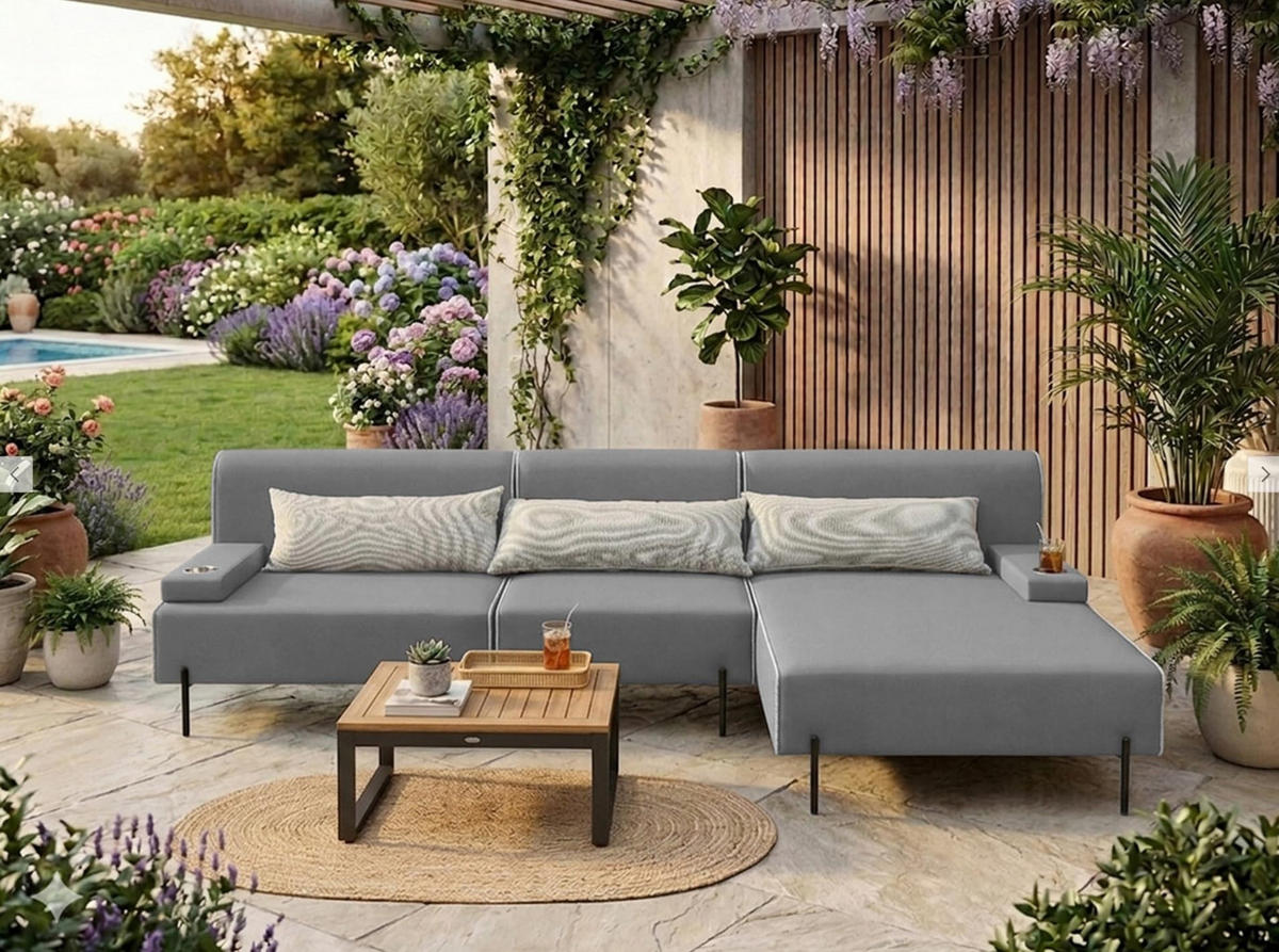 GARTENSOFA BORNEO S Wetterfest 300x170x86 cm, Rechts, Solide Konstruktion, HR-Schaumfüllung, Wetterfeste Bezugstoff, Grau - Grau, Holz/Metall (300/86/170cm) - Trada