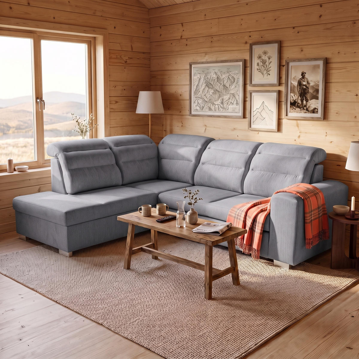 ECKSOFA CLOUD L Links mit Schlaffunktion 120x190 Velours Grau - Chromfarben/Grau, Holz/Kunststoff (202/260cm) - Muffo