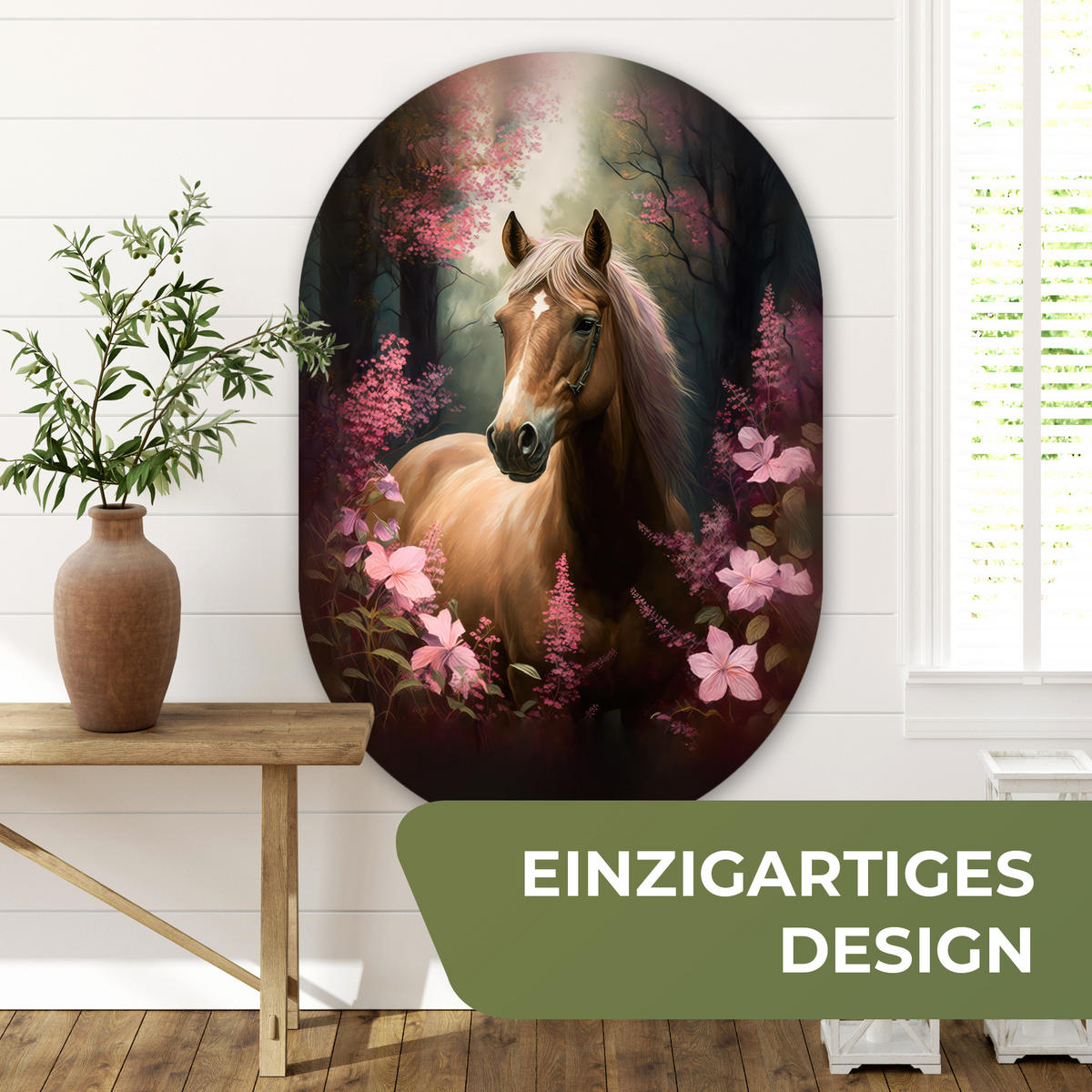 WANDBILD Pferd - Blumen - Rosa - Natur - Wald 80x120 cm - Altrosa, Kunststoff (80/120cm) - MuchoWow