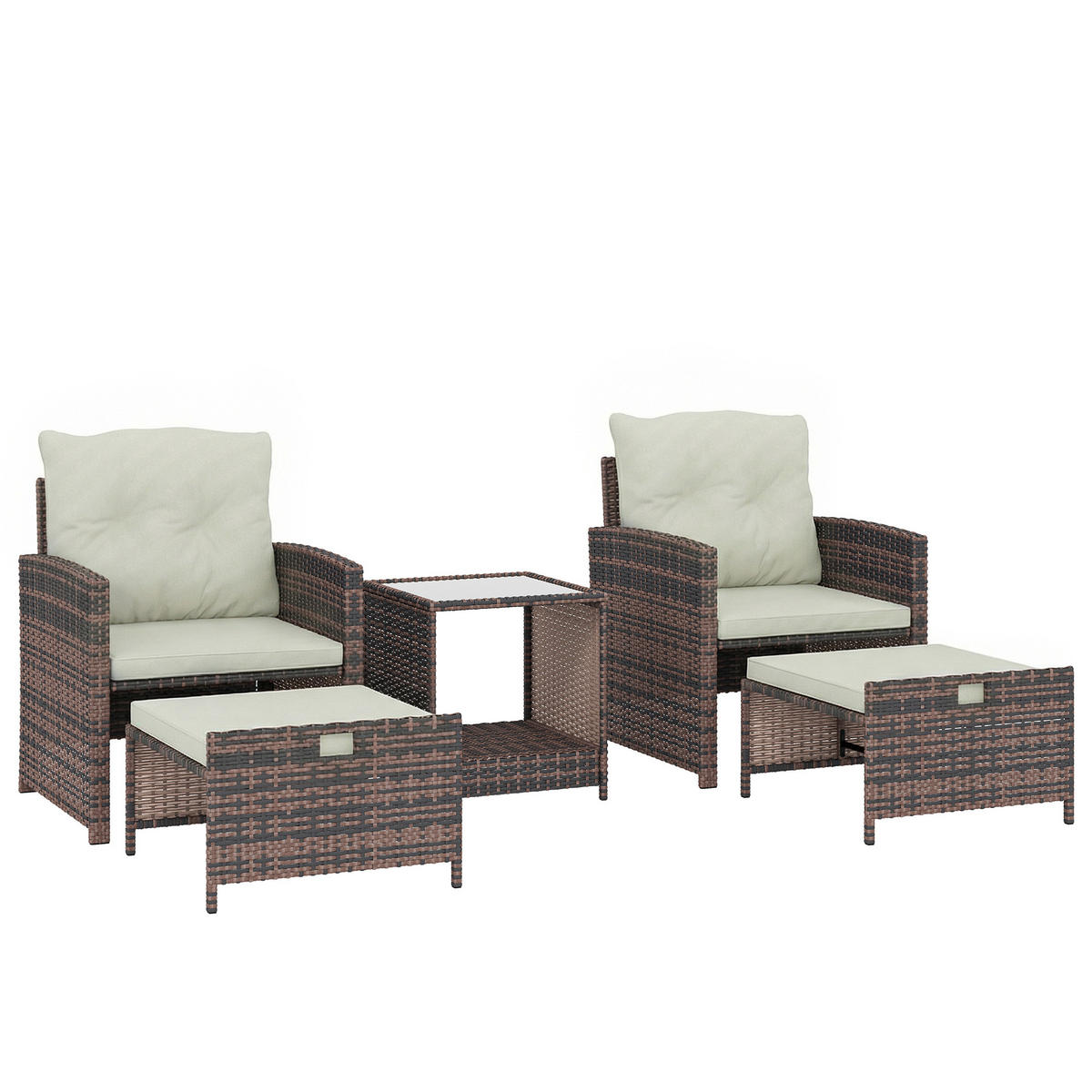 RATTAN-GARTENMÖBEL 5er Set PE-Rattan Stahl Cremeweiß - Creme/Schwarz, Kunststoff/Textil - Outsunny