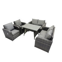 GARTENMÖBEL SET PE Polyrattan 6-Sitzer Grau - Dunkelgrau/Grau, Glas/Kunststoff - Fimous