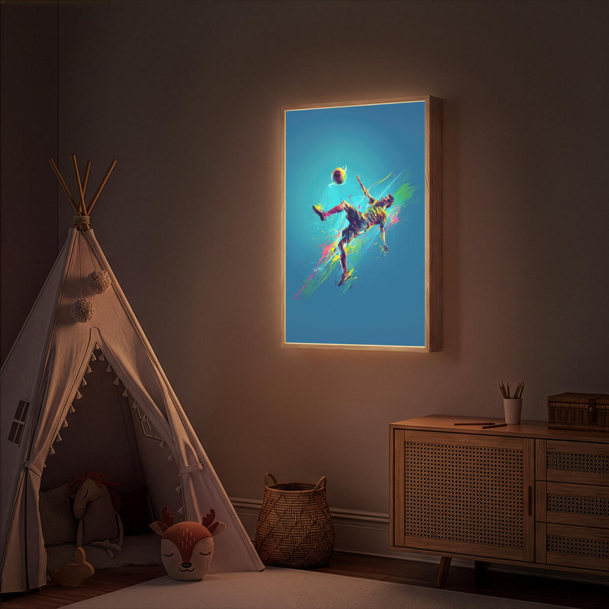 NACHTTISCHLAMPE MIT AKKU Fußballer - Farbspritzer - Farbenfroh - Ball 70x100 cm - Blau, Holzwerkstoff (8/70/100cm) - OnlyWow