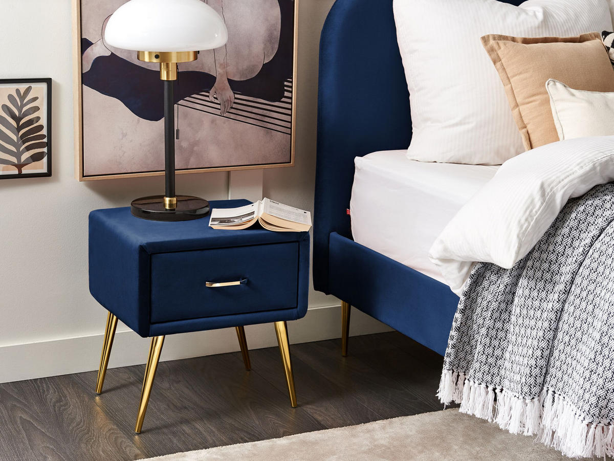 NACHTTISCH Samtstoff marineblau/gold 1 Schublade 38/46/49 cm Flayat - Blau/Goldfarben, Textil (46/49/38cm) - Beliani