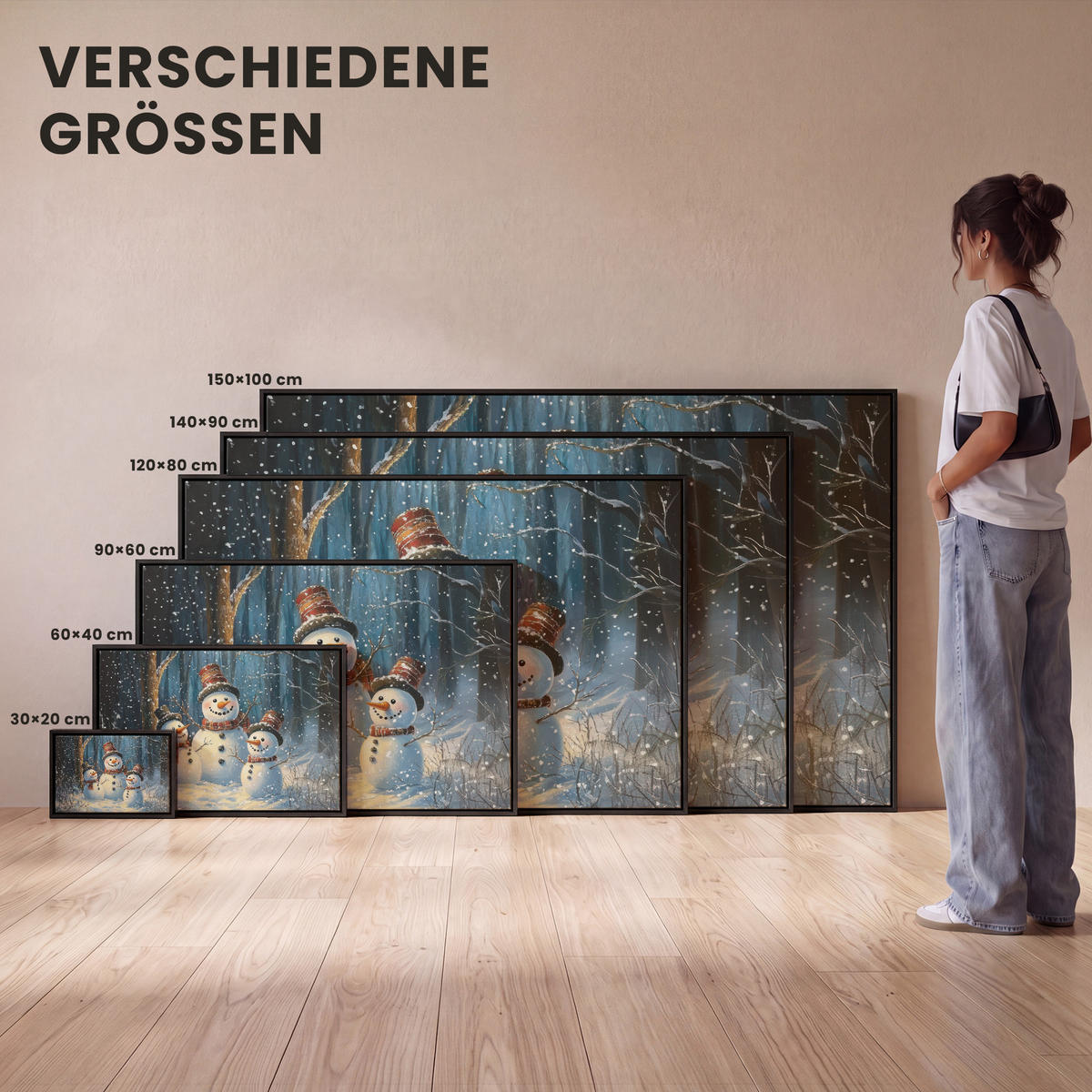LEINWAND Bilder mit Rahmen - Schneemann - Schnee - Winter - Wald - 90x60 - Hellblau, Textil (90/60cm) - MuchoWow