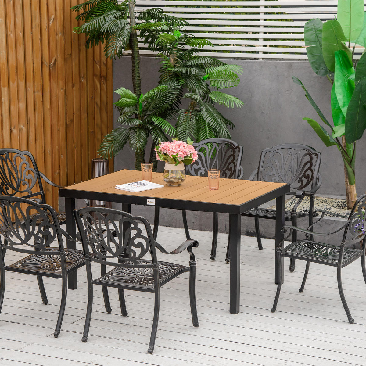 GARTENTISCH DE-07299 für 6 Personen, Holzoptik mit Aluminiumrahmen Natur/Schwarz - Naturfarben, Kunststoff/Metall (140/90/74cm) - ComfortXL