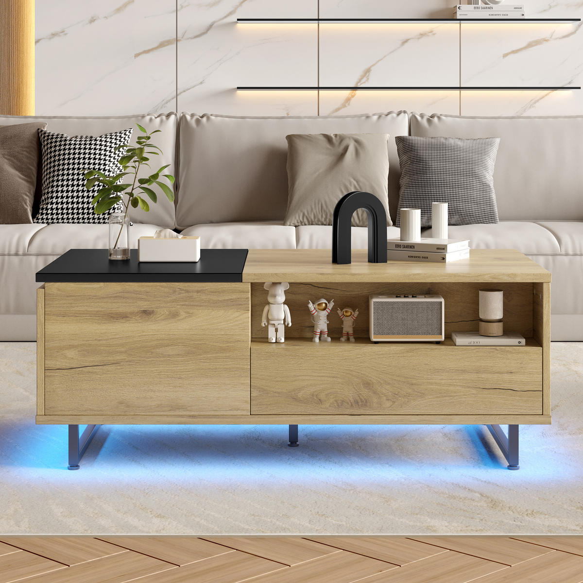 COUCHTISCH Natur Holzwerkstoff höhenverstellbar mit LED-Bodenlicht und vielfältigem Stauraum - Naturfarben, Holzwerkstoff (50/106.5/27.5cm) - Luhomfu