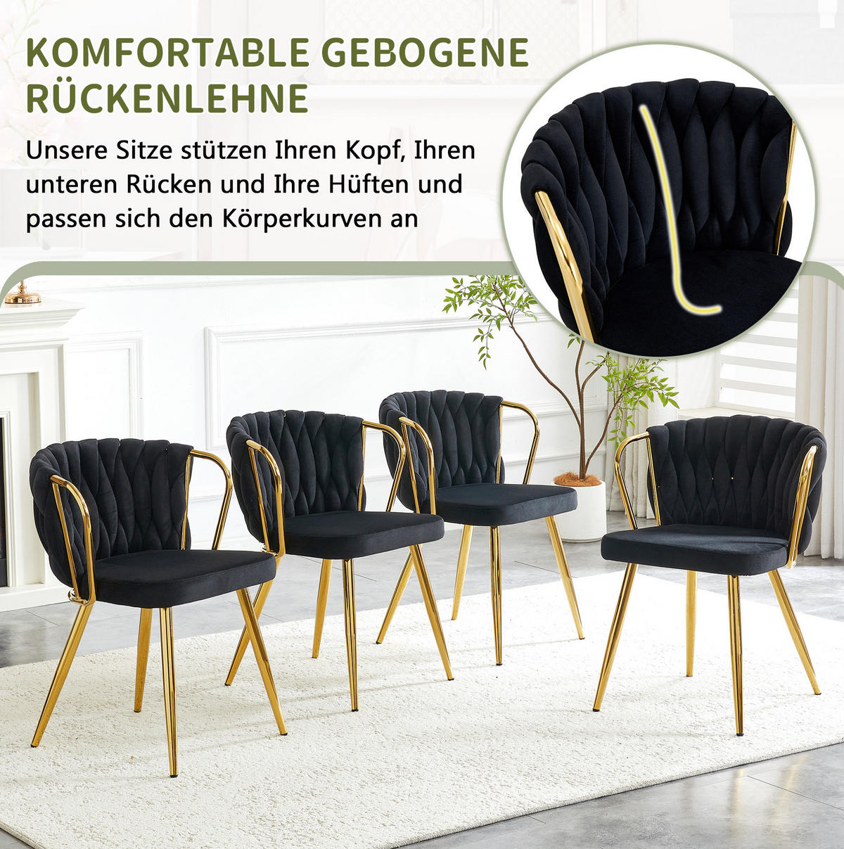 ESSZIMMERSTUHL mit Samtbezug und Goldbeinen 43 x 58 x 76 cm Schwarz - Schwarz, Metall (58/76/43cm) - Meubliv