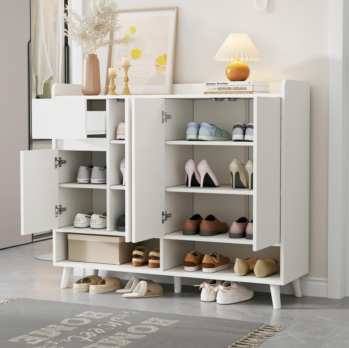 SCHUHSCHRANK 120/35/99 cm in Weiß mit 4 Türen und 1 Schublade - Weiß, Holzwerkstoff (120/99/35cm) - Flora Grace