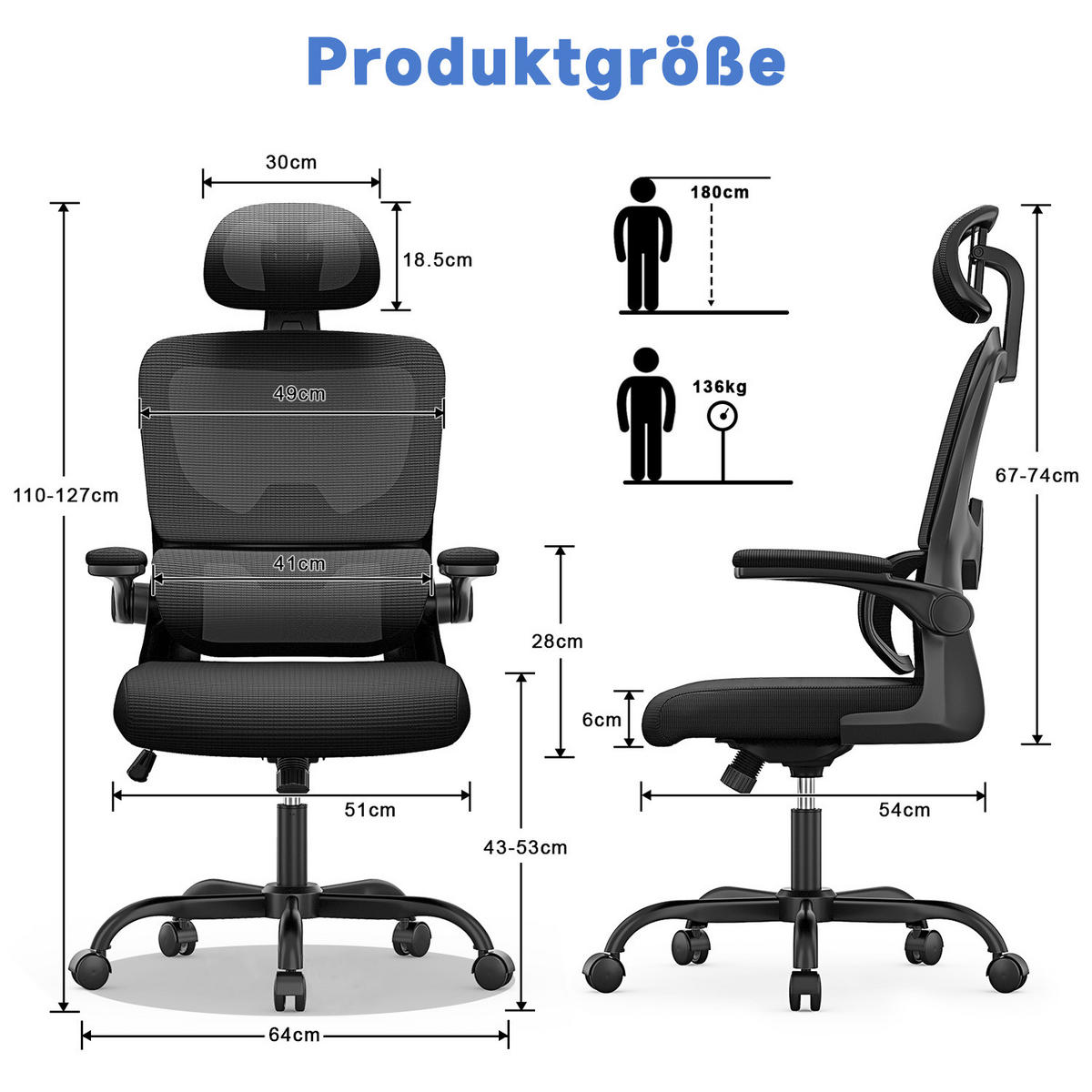 COMPUTERSTUHL drehbar, Wippfunktion – Schwarz - Schwarz, Metall (54/127/54cm) - Rattantree