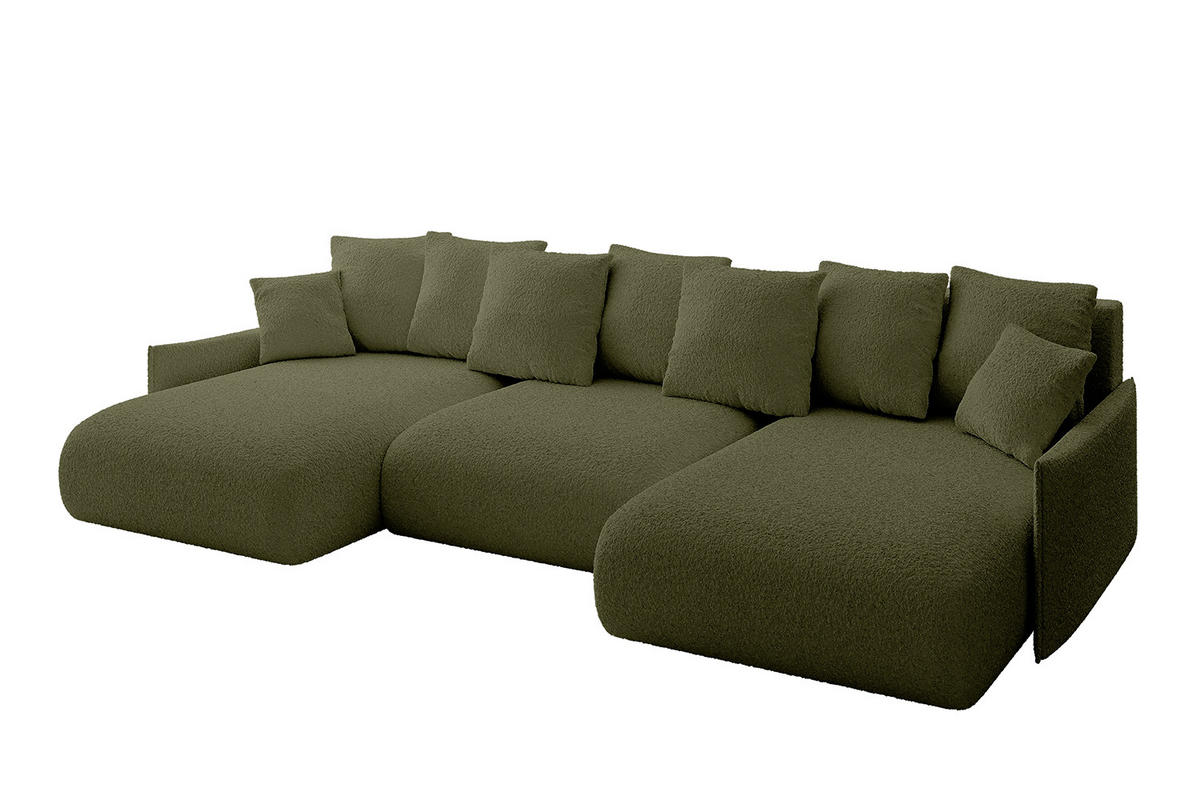 WOHNLANDSCHAFT mit Schlaffunktion und Bettkasten ONESK-U-v1 304x165x40 Grün Bouclé - Grün, Holzwerkstoff/Kunststoff (304/90/165cm) - ALTDECOR