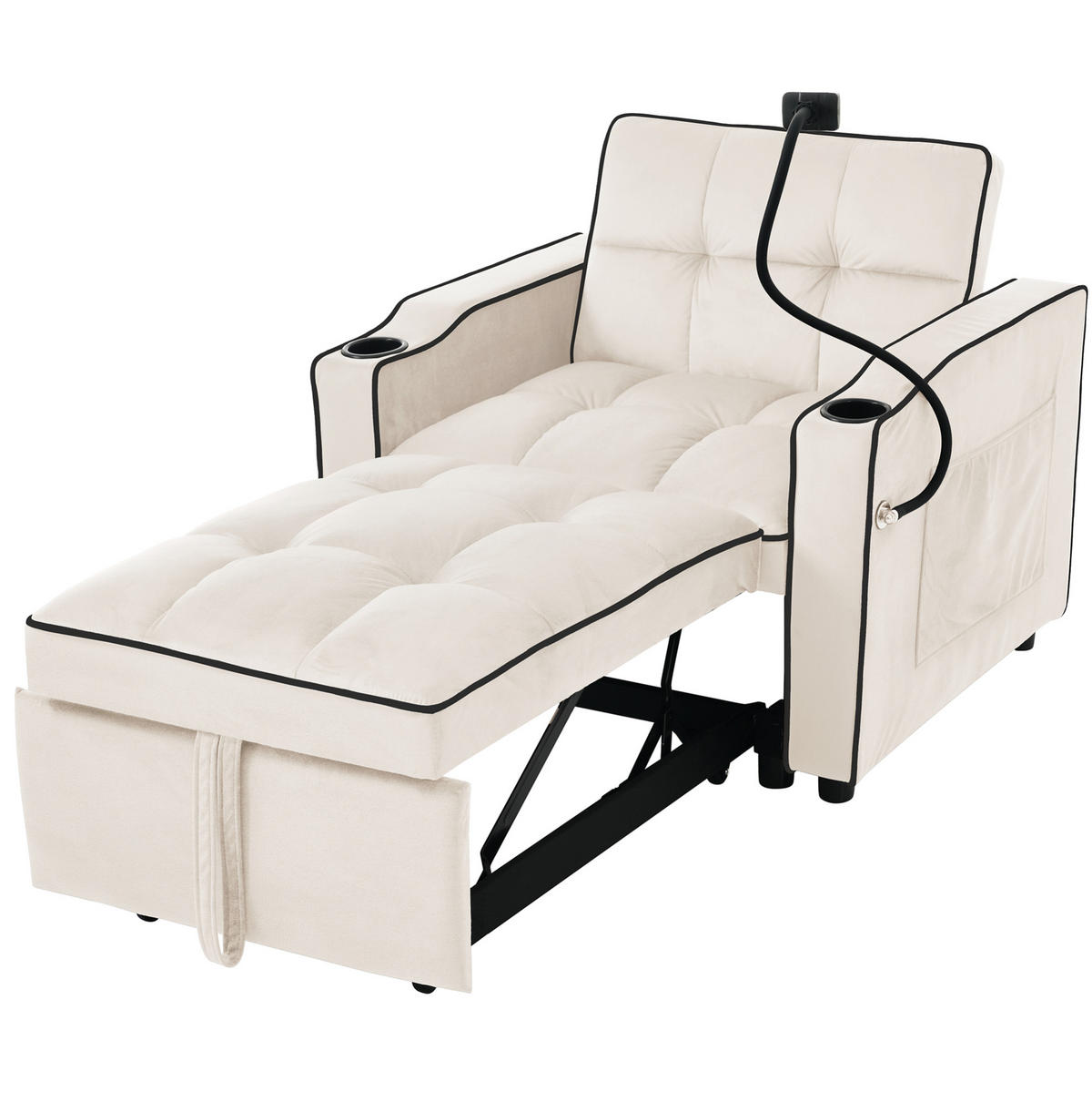 SCHLAFSESSEL 83/167/76 cm in Beige mit Samtbezug und Getränkehaltern - Beige, Kunststoff (83/76/167cm) - Flora Grace
