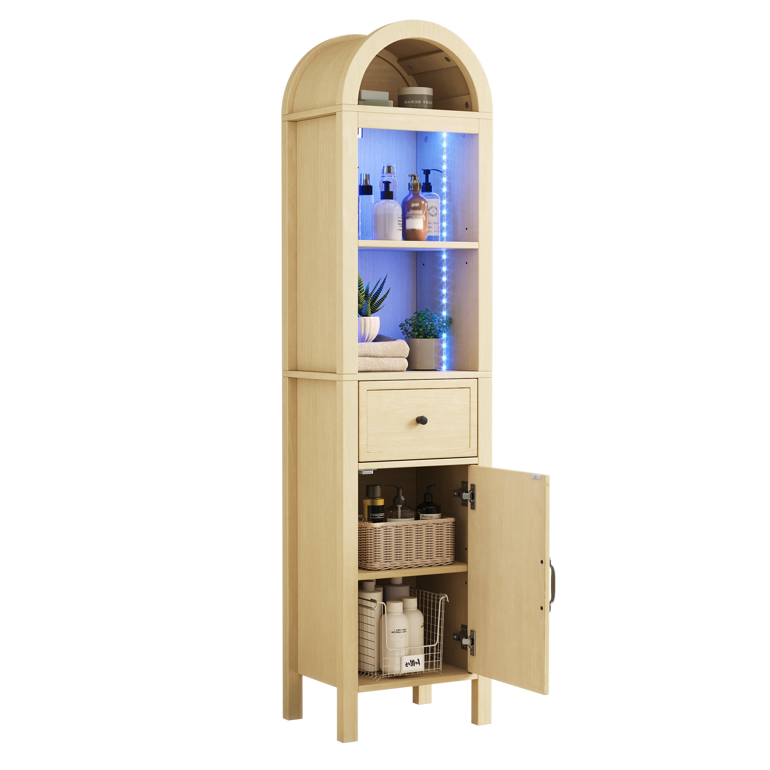 HOCHSCHRANK Naturfarben mit RGB‑LED‑Beleuchtung, App‑Steuerung und wendbaren Türen, 40 × 30 × 163 cm - Naturfarben, Holzwerkstoff (40/163/30cm) - Luhomfu
