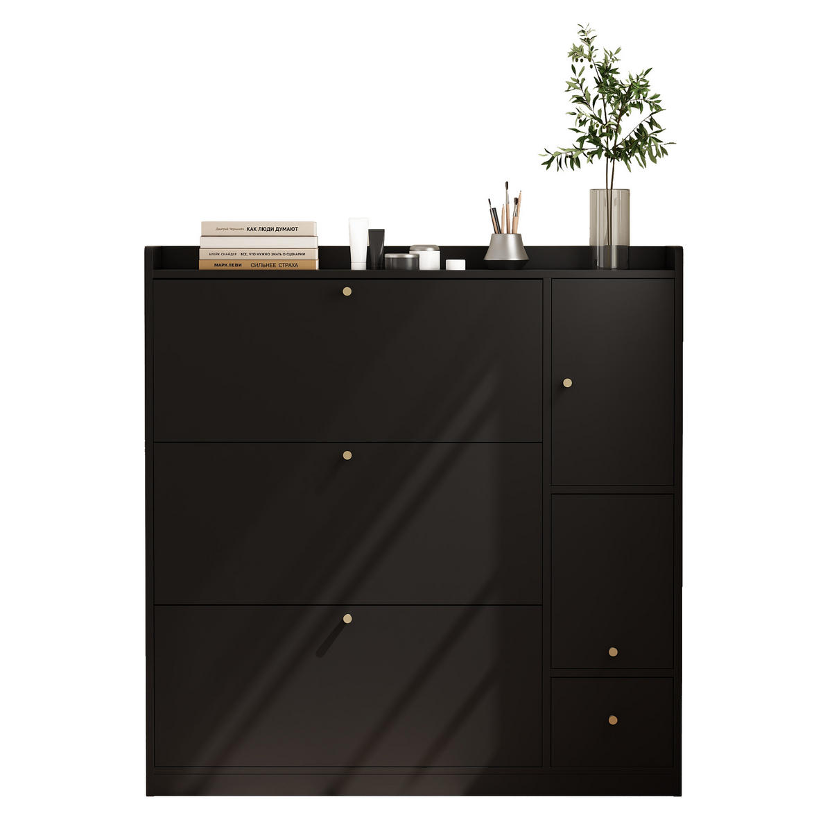 SCHUHSCHRANK 119/24/122 cm in Schwarz mit 3 Klappen und klappbarer Sitzbank - Schwarz, Holzwerkstoff (119/122/24cm) - Flora Grace