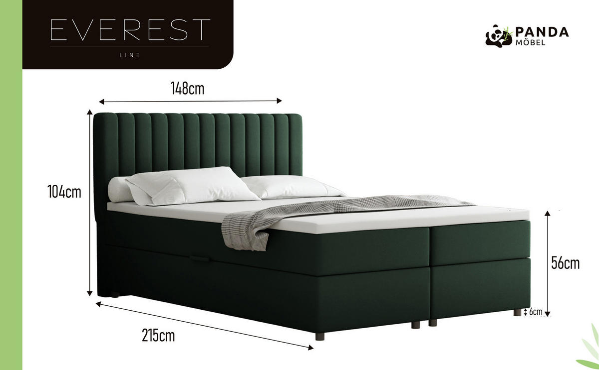 BOXBETT Everest grön 140 x 200 cm Doppelbett mit hochwertiger Bonell-Matratze und Topper - Grün, Holz (140/200cm) - Panda Möbel