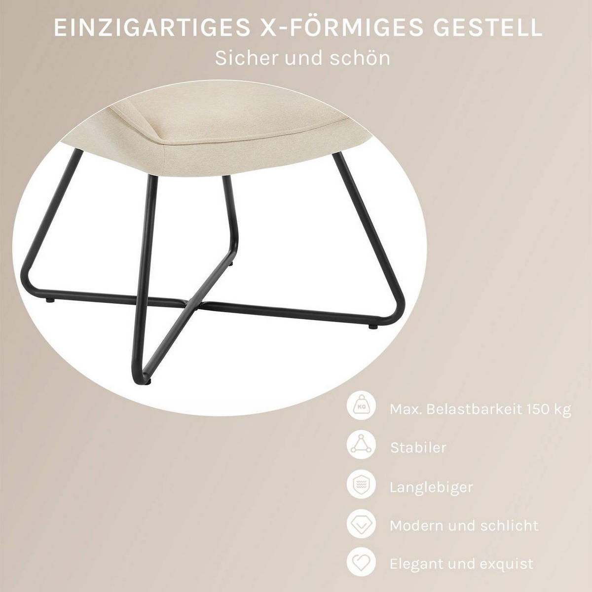 RELAXSESSEL mit Metallrahmen, Leinen, Beige - Beige/Schwarz, Keramik/Textil (71/85/70cm) - Woltu
