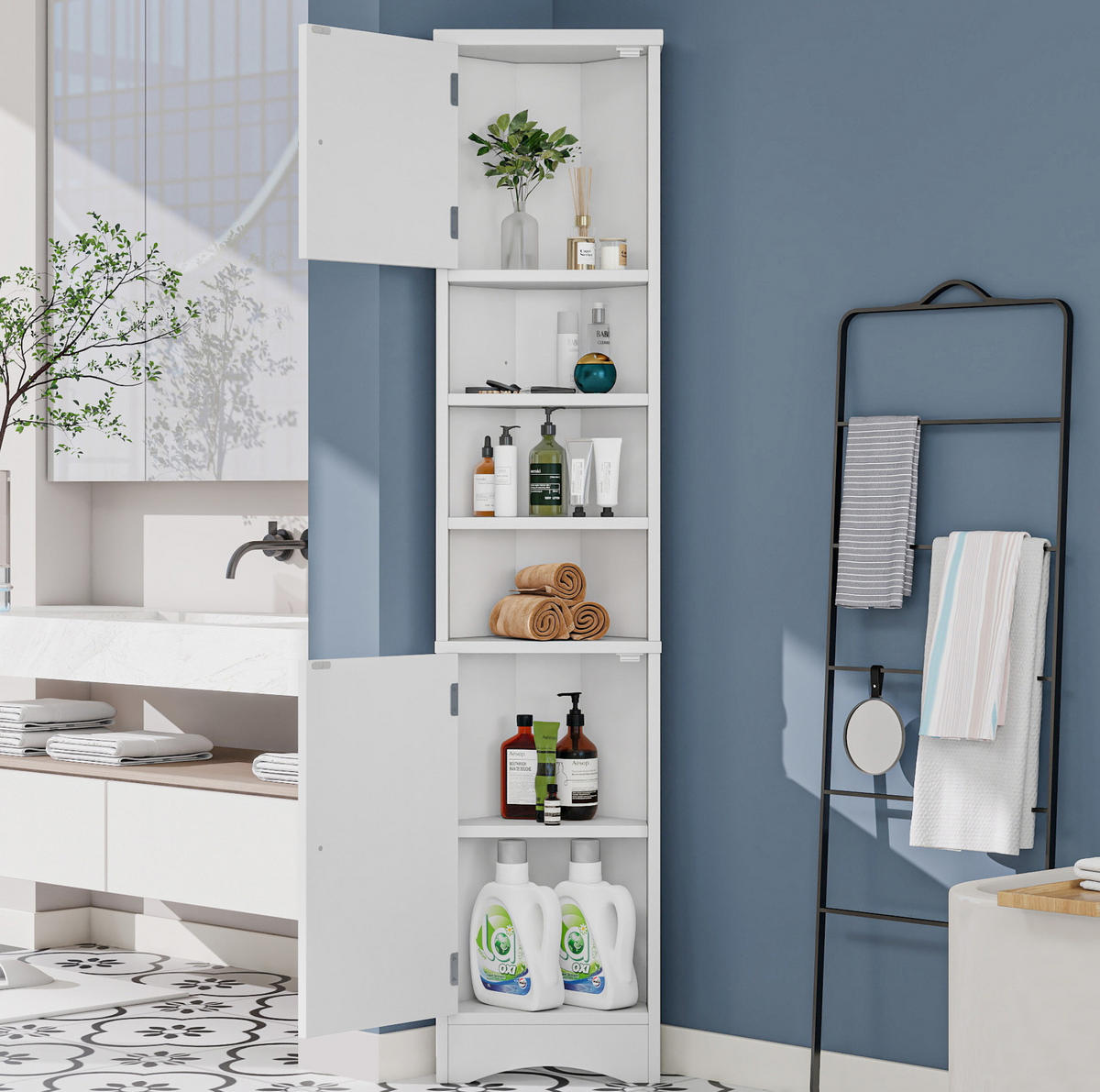 BADEZIMMERSCHRANK 36.5x24.5x170cm in Weiß, feuchtigkeitsbeständig mit 2 Türen - Weiß, Holzwerkstoff (24.5/170/36.5cm) - Modfu