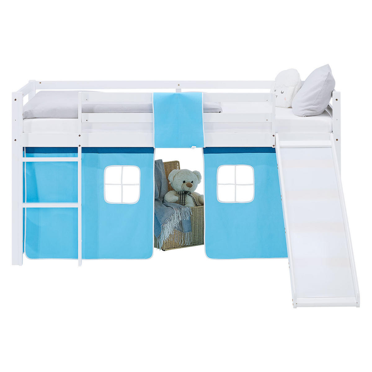 HOCHBETT 90/200 cm in weiß Matratze Rutsche Bettvorhang Blau - Blau/Weiß, Holz/Textil (90/200cm) - Homestyle4u