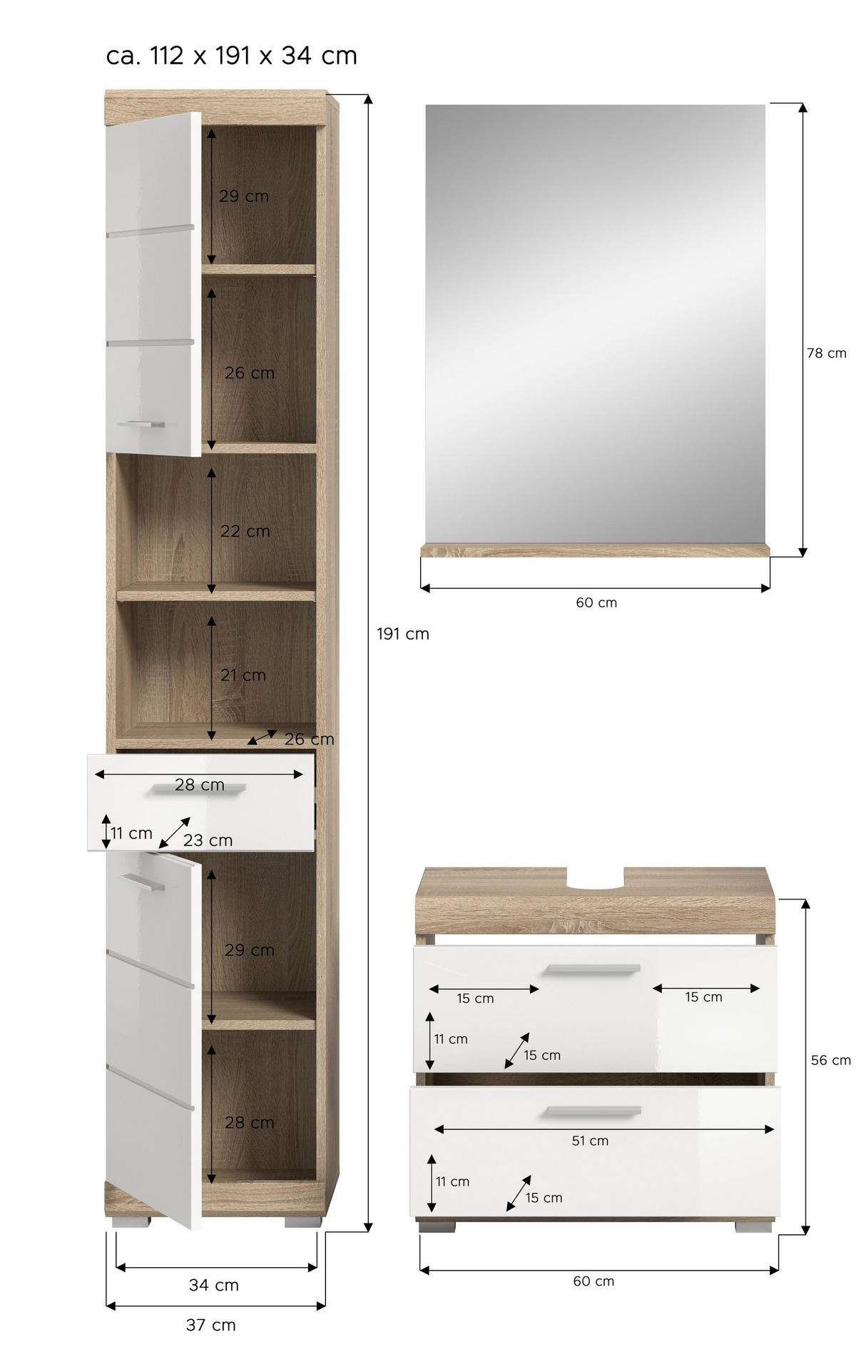 BADKOMBINATION 3tlg. Lambada Bad in Sonoma Eiche hell und weiß hochglanz B/H/T: 112x191x34 cm - Sonoma Eiche, Holz (112/191/37cm)