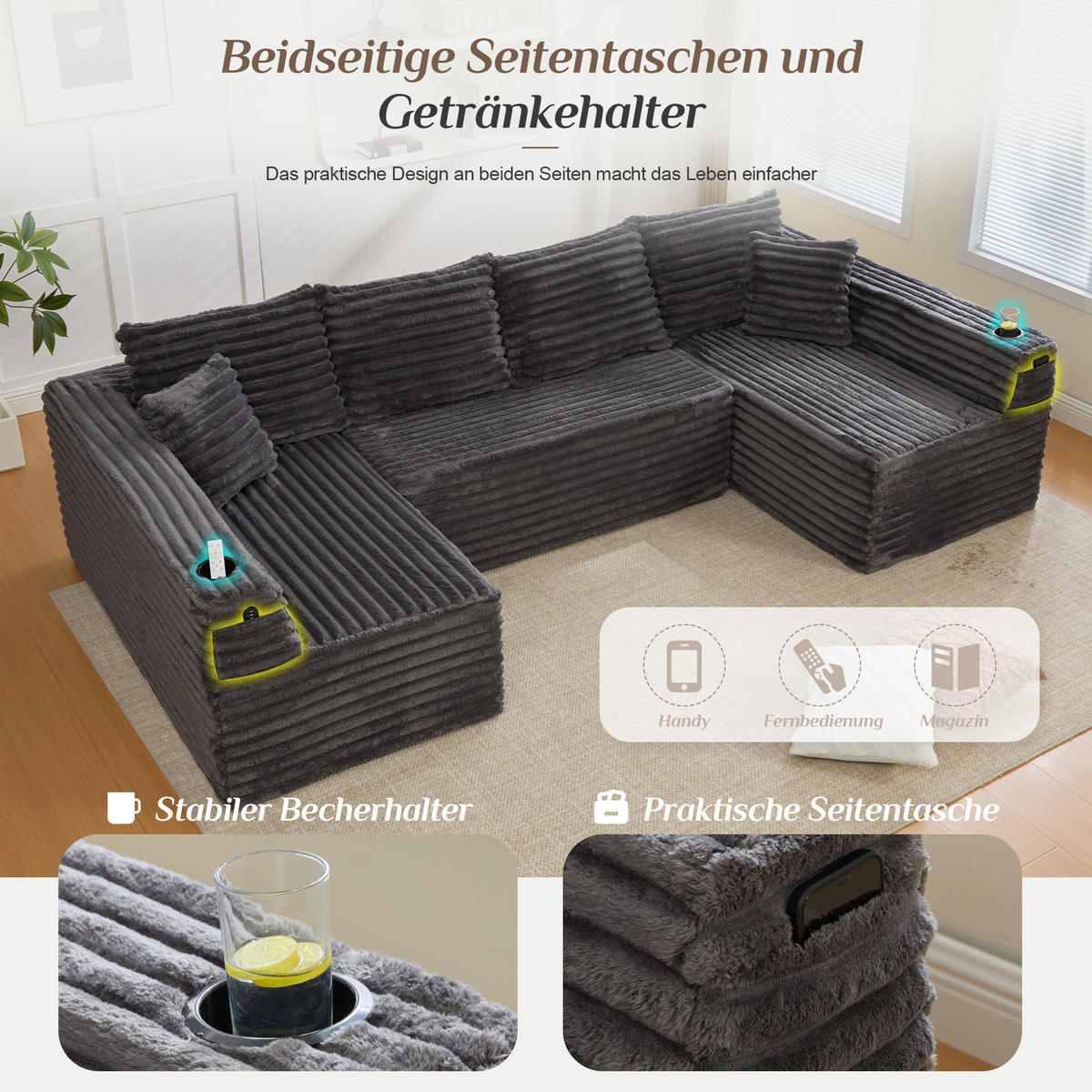 WOHNLANDSCHAFT 320/155/88 cm Dunkelgrau mit Getränkehalter und Seitentasche - Dunkelgrau, Textil (320/88/155cm) - Oxeza
