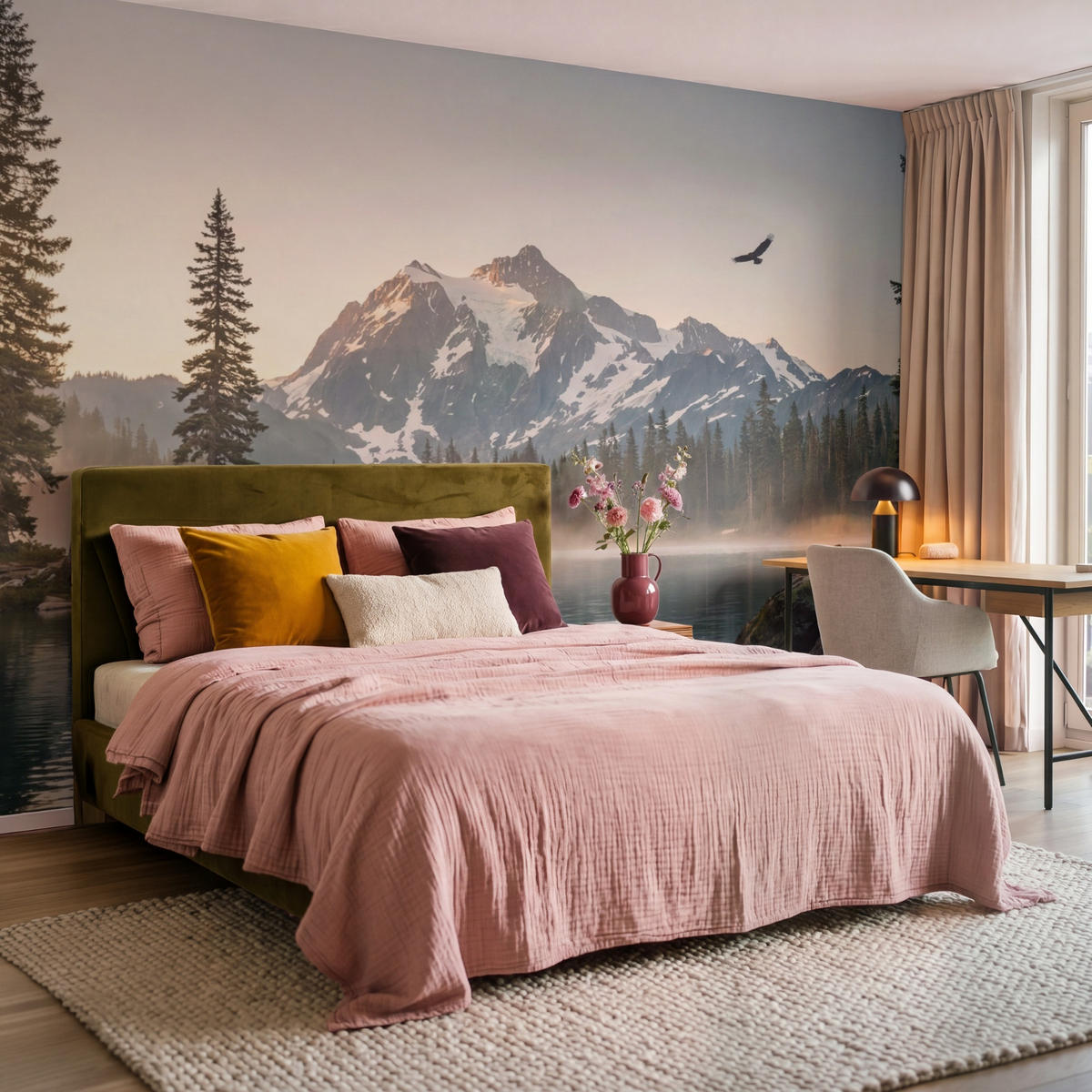TAPETE - Berge - Wasser - Bäume - 300x200 cm - Multicolor, Papier (300/200cm) - OnlyWow