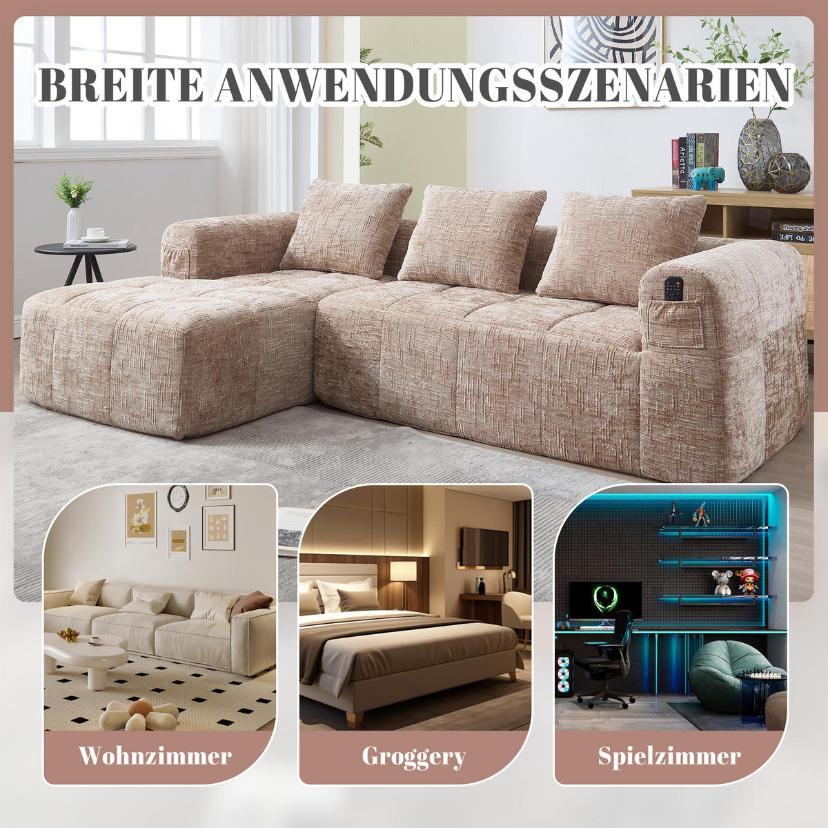 ECKSOFA Chenille Khaki mit Kissen und Seitentaschen - Hellbraun, Textil (250/158cm) - WISHDOR