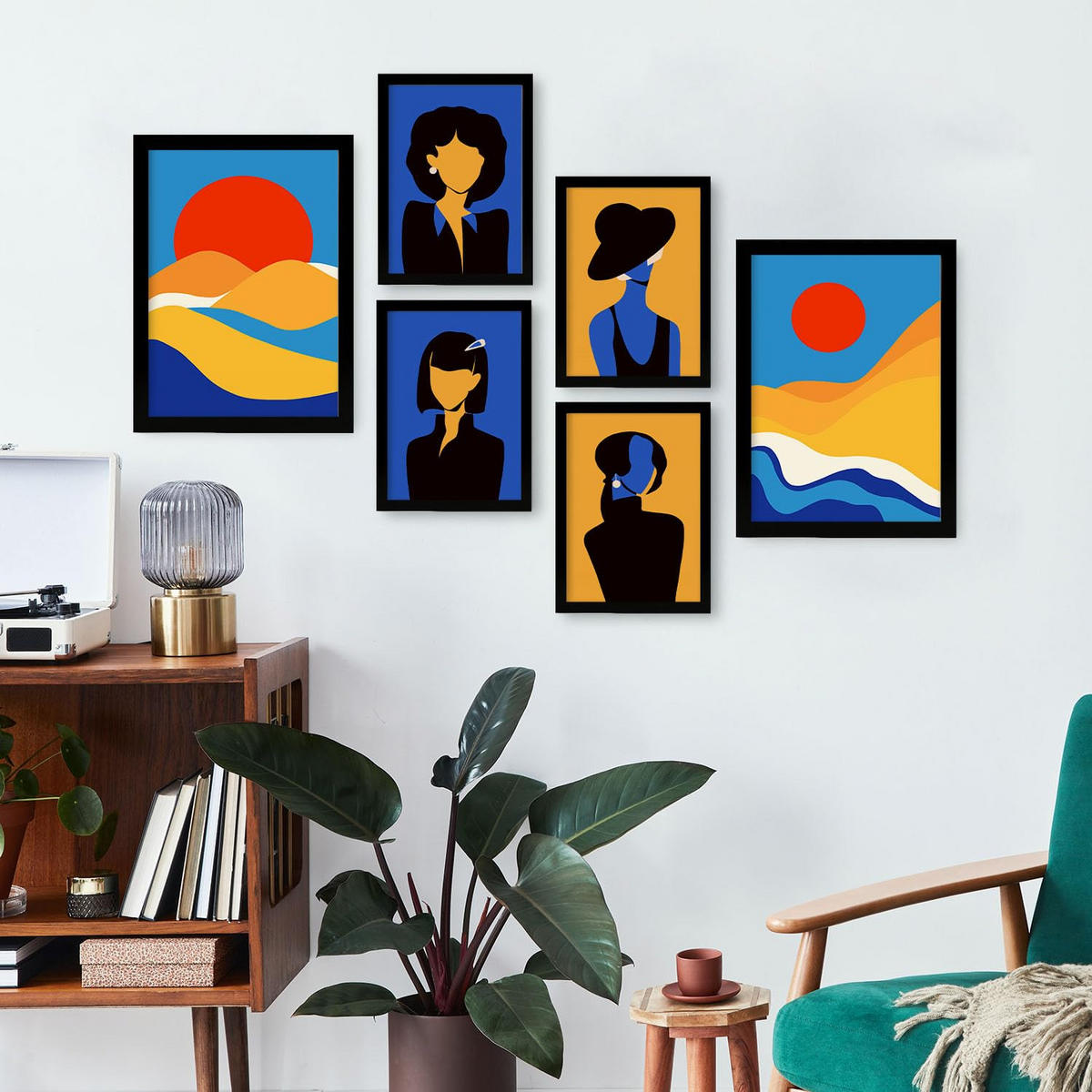 POSTER Set Mit 6 Wüstenjungen In Weibliche Zusammenfassung Ästhetische Dekorative Gemälde Für Ihr Wohnzimmer Zuhause A3 & A4 Schwarzer Rahmen - Schwarz, Papier (29/3cm) - Nacnic