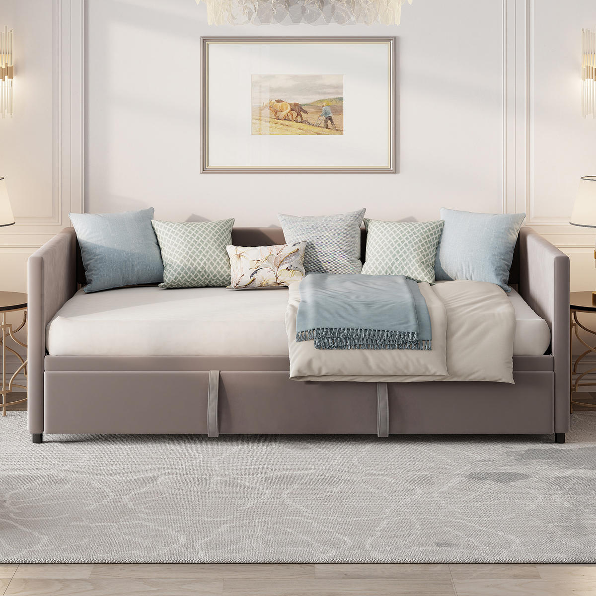 POLSTERBETT 90/180x200 cm, Ausziehbares Schlafsofa, mit 2 Armlehnen und Lattenrost, Samtstoff, grau - Grau, Holz (180/200cm) - BRILVERDE