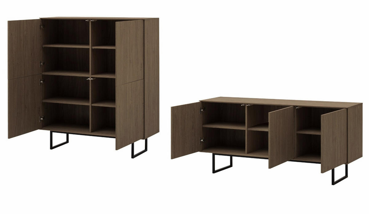 WOHNWAND in Nussbaum 2-teilig 280 cm, Wohnkombination mit Push-to-Open - Nussbaumfarben/Schwarz, Holzwerkstoff/Metall (280/137/40cm) - Furn.Design