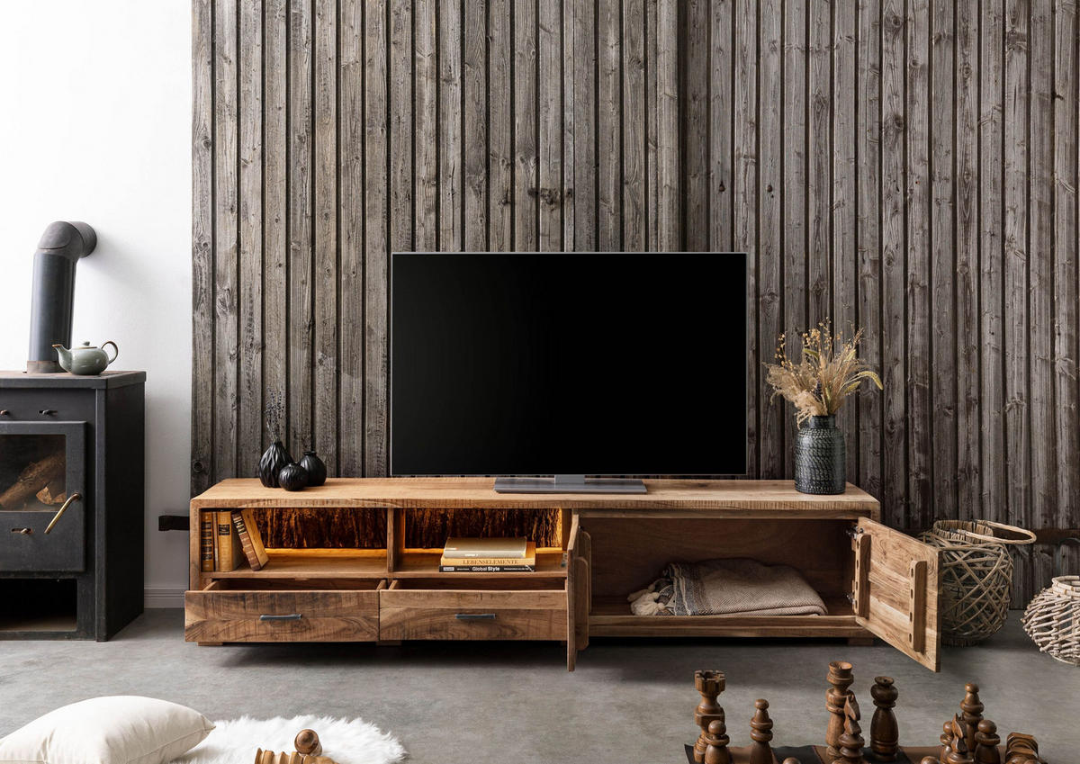 TV-BOARD Akazie 220x40x47 natur lackiert BARK #110 - Naturfarben, Holz (220/47/40cm) - Massivmoebel24