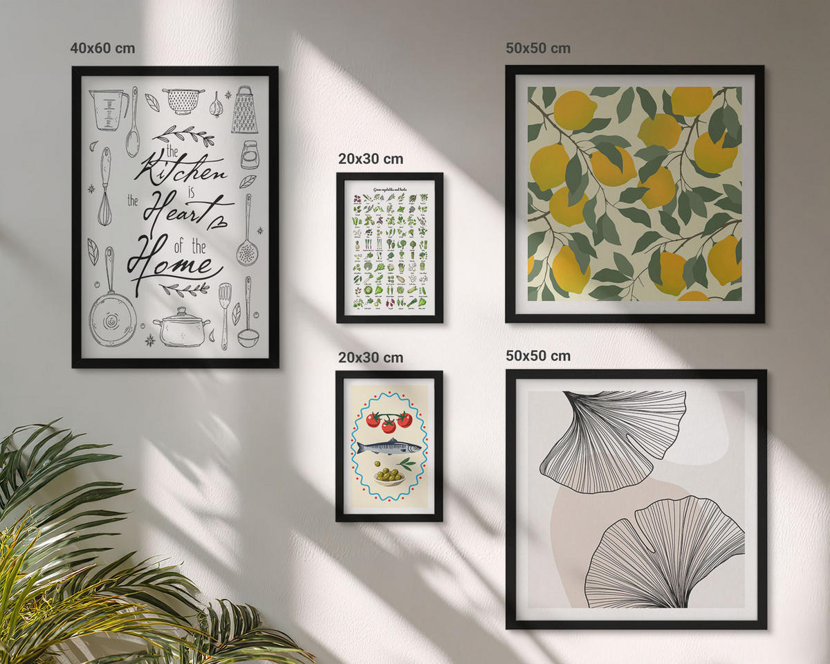 WANDBILDER 5er-Set - 50x50 cm & 20x30 cm & 40x60 cm Schwarzer Rahmen - Küchenkräuter-Zitronen-Malerei - Schwarz, Kunststoff (40/60cm) - ArtPrintCave