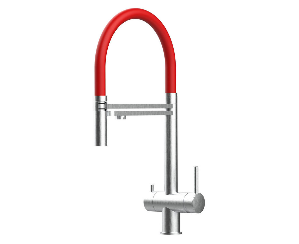3-WEGE-KÜCHENARMATUR, Edelstahl Massiv aus Chirurgenstahl, Gebürstet und Rot, 2-Strahl-Brause - Rot, Metall (24/49/24cm) - VIZIO