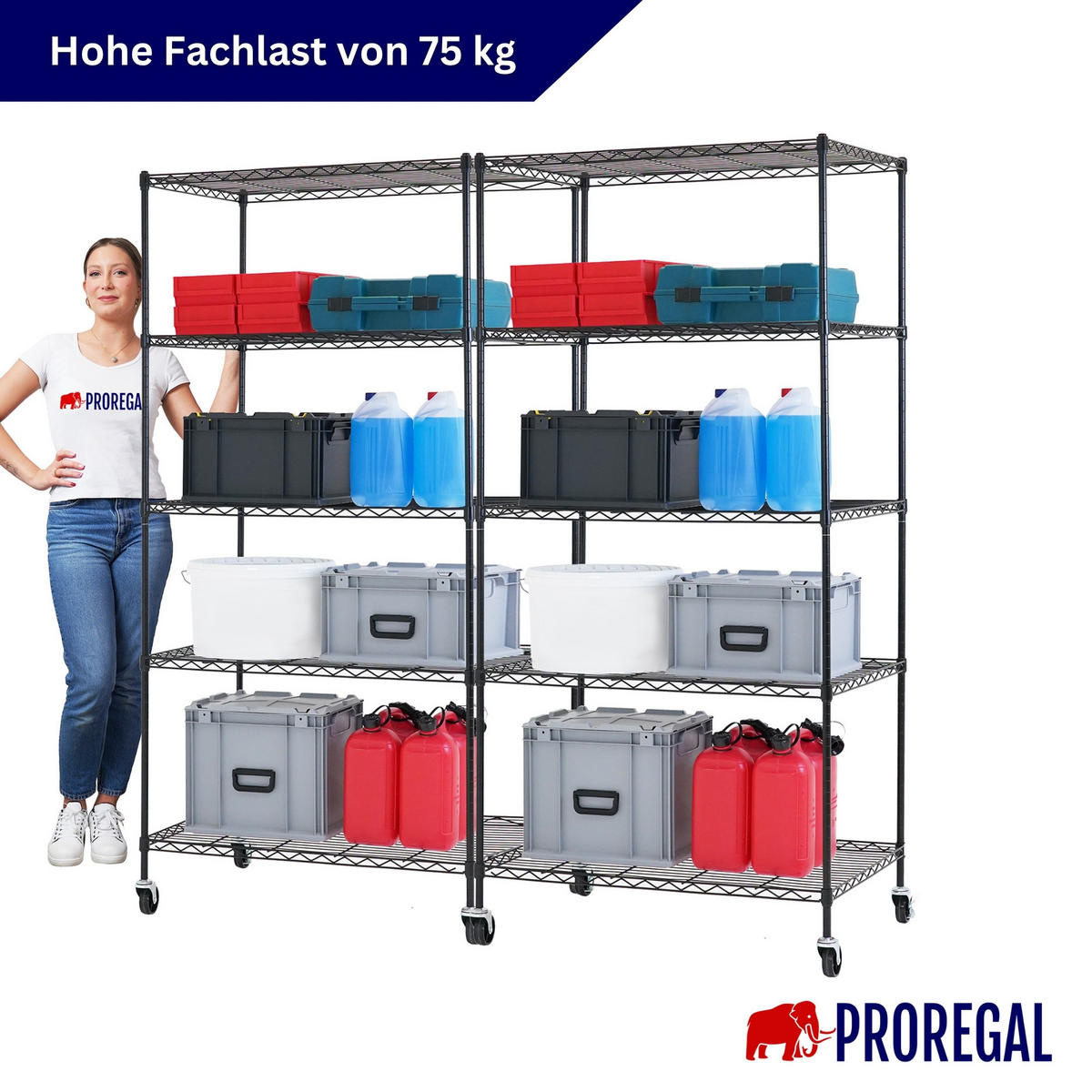 GITTERREGAL 2er - Set HADES mit Rollen & 5 Gitterböden Metall 180x90x60cm Schwarz - Schwarz, Metall (90/180/60cm) - PROREGAL