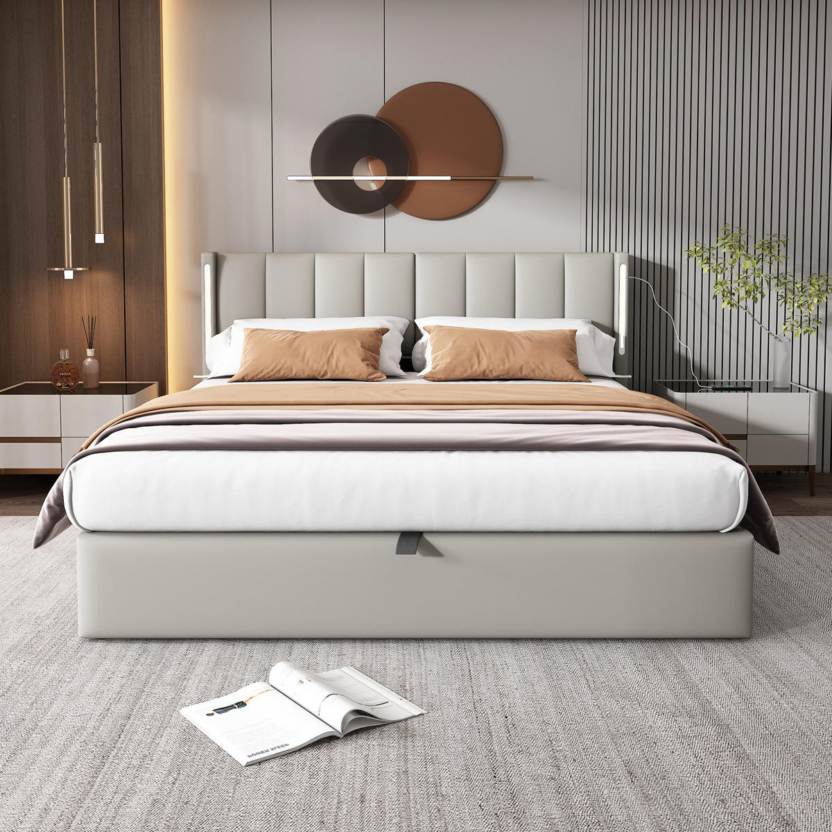 POLSTERBETT 140/190 cm mit LED-Beleuchtung, USB-/Type-C-Anschluss, verstellbarem Kopfteil und Bettkasten, PU, Grau - Grau, Kunststoff (140/190cm) - Redom