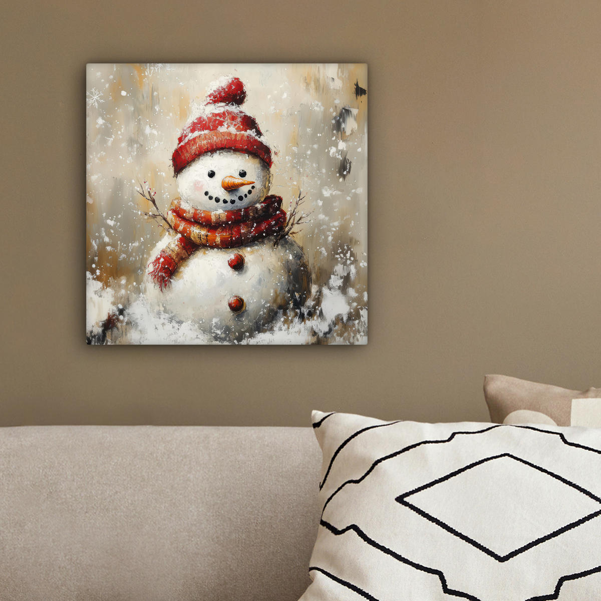 LEINWANDBILD Schneemann - Winter - Schnee - Beige 20x20 cm - Weiß, Textil (20/20cm) - MuchoWow