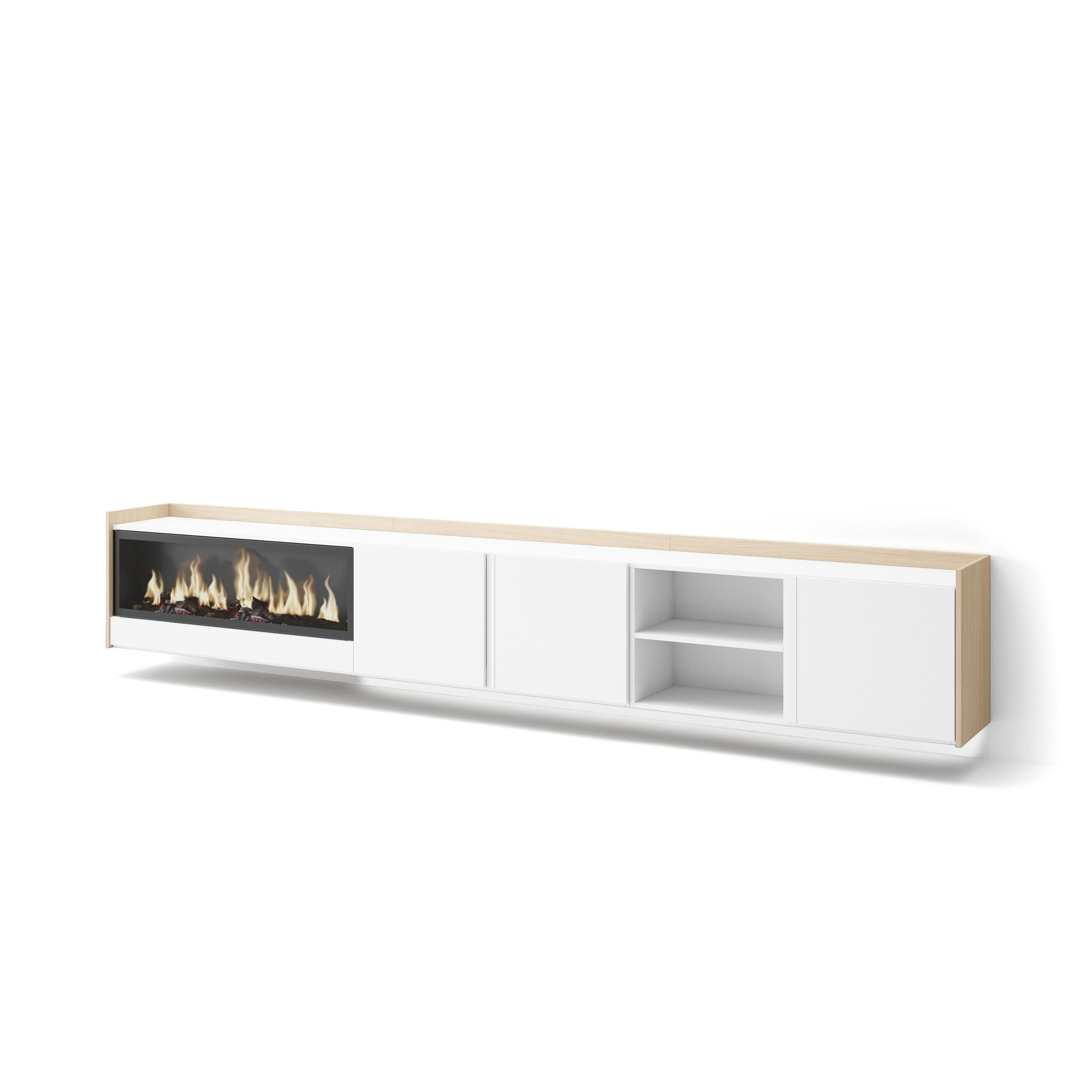 LOWBOARD, Weiß und Eiche, 315/35/50cm, Kamin mit Feuereffekt XXL - Weiß, Holzwerkstoff (315/50/35cm) - Skraut Home