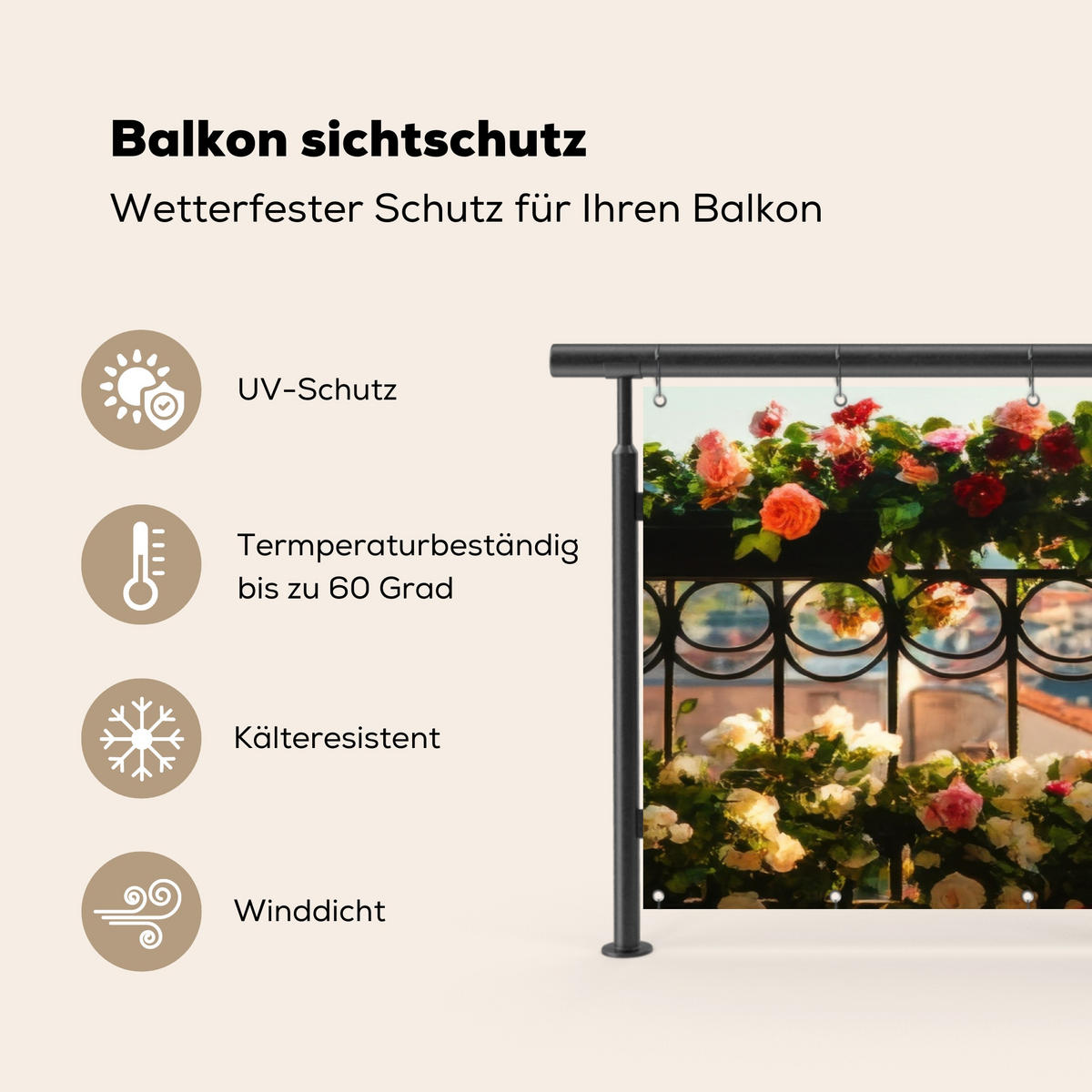 BALKON-SICHTSCHUTZ Blumen - Zaun - Stadtbild - Sommer - Pink, Kunststoff (300/120cm) - MuchoWow