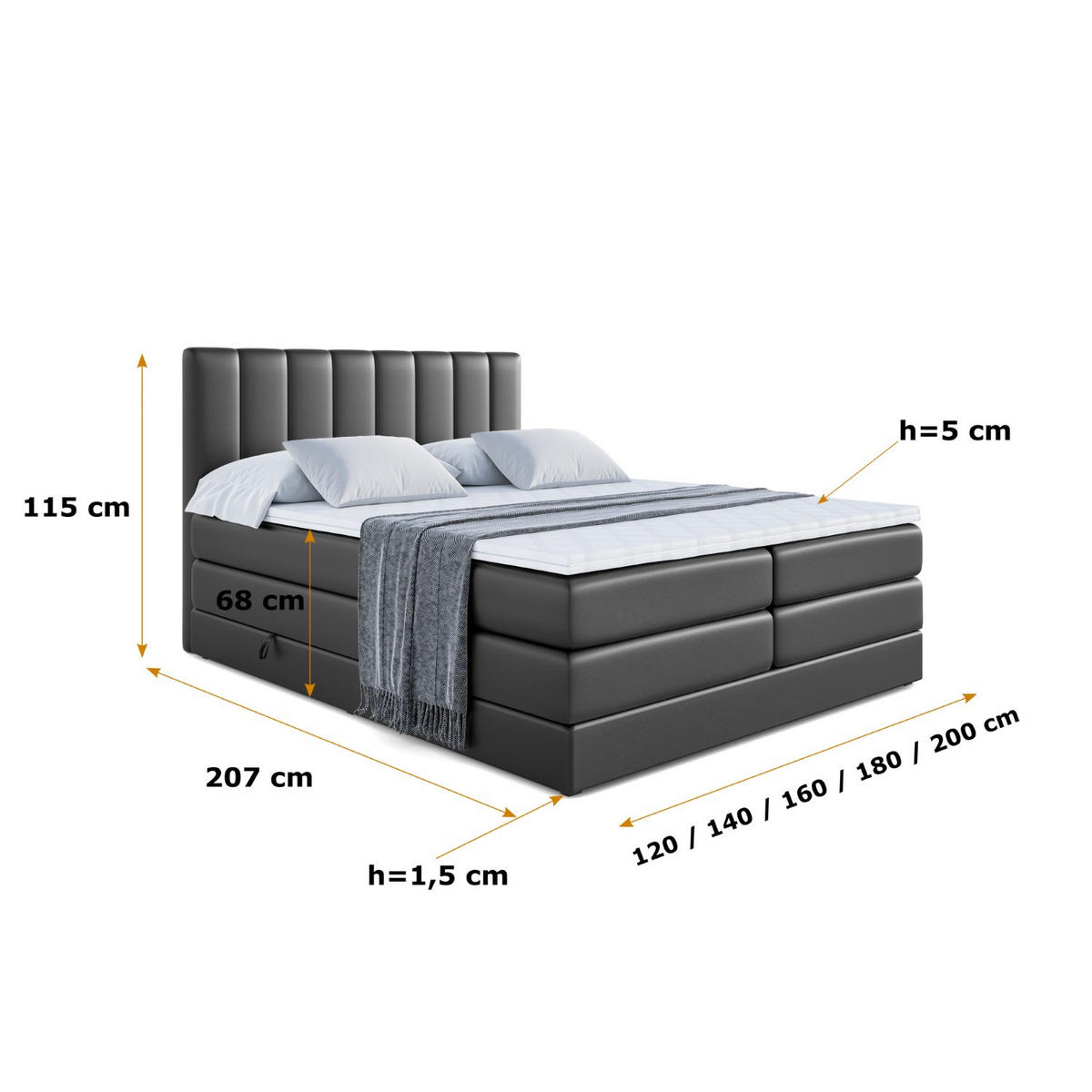 BOXSPRINGBETT OTTA KING - 120x200 - H3/H4 - Schwarz Hochglanz - Schwarz Hochglanz, Holzwerkstoff (120/200cm) - ALTDECOR