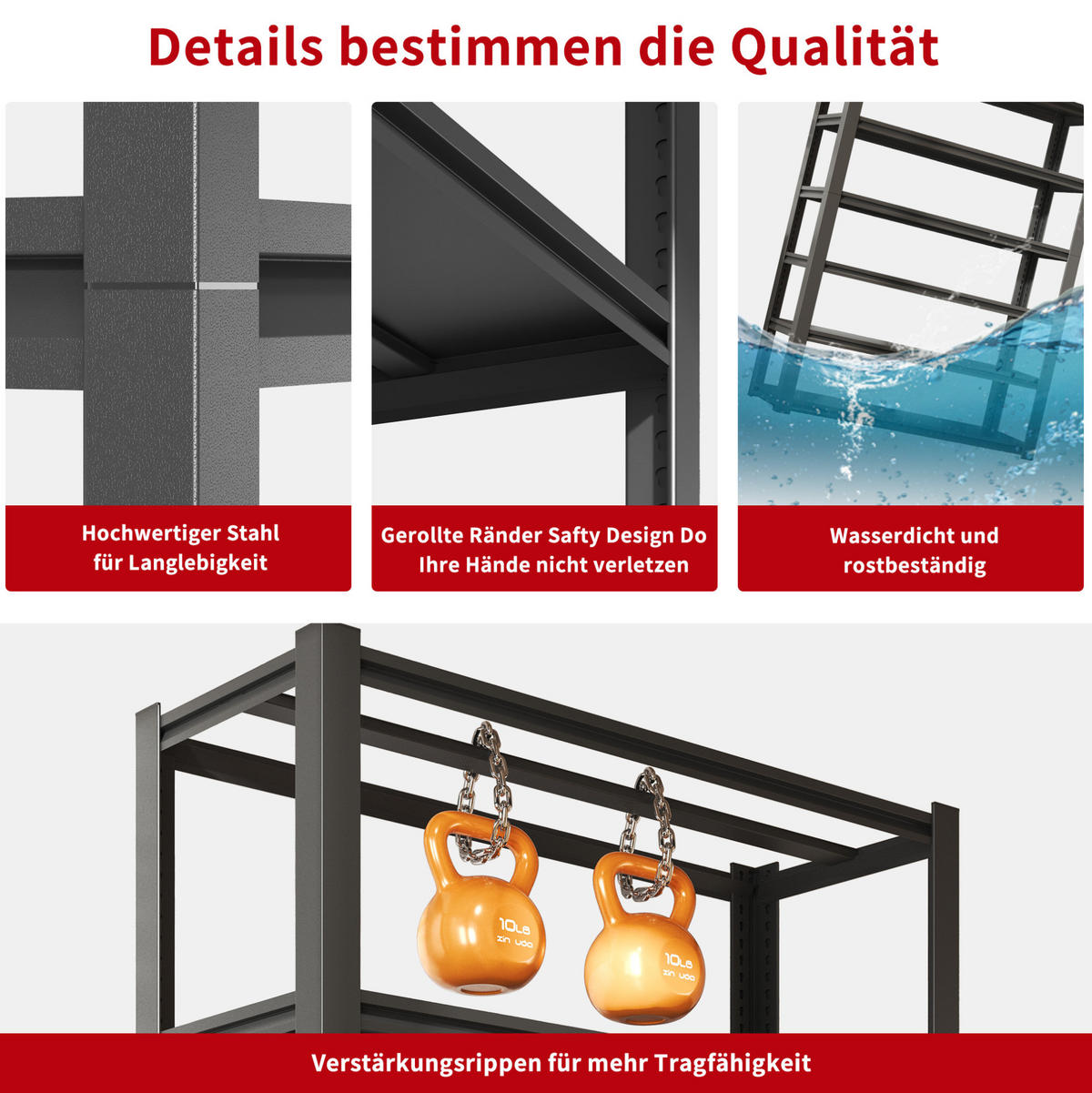 STANDREGAL 40/80/160 cm mit 5 höhenverstellbaren Ebenen und 650 kg Tragkraft, Schwarz - Silberfarben, Metall (80/160/40cm) - Redom