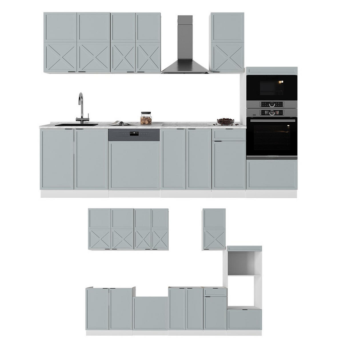 KUHINJSKI BLOK Fame-Line Svetlo modro-siva/bela 300 cm z visoko omaro, DP Hrast - svetlo modra/bela, leseni material (300/153.6/60cm) - Vicco