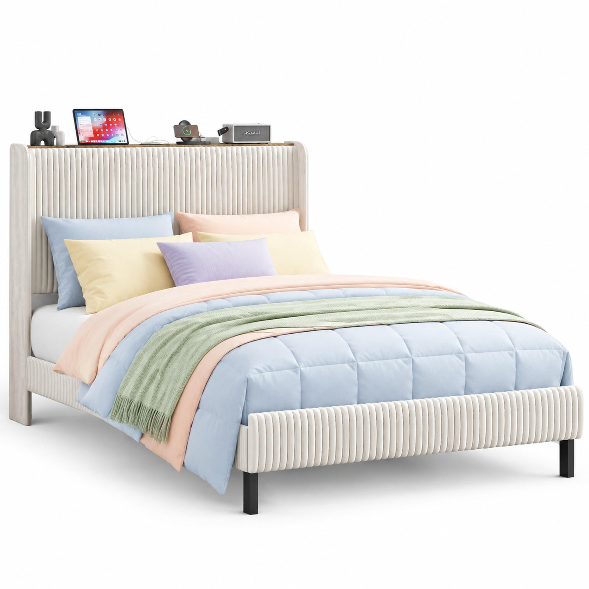 BETTRAHMEN 140/200 cm in Beige & Cream mit gepolstertem Kopfteil, Flügeldesign, Metalllatten und Metallbeinen Cord - Beige/Schwarz, Textil/Metall (140/200cm) - STILVORA