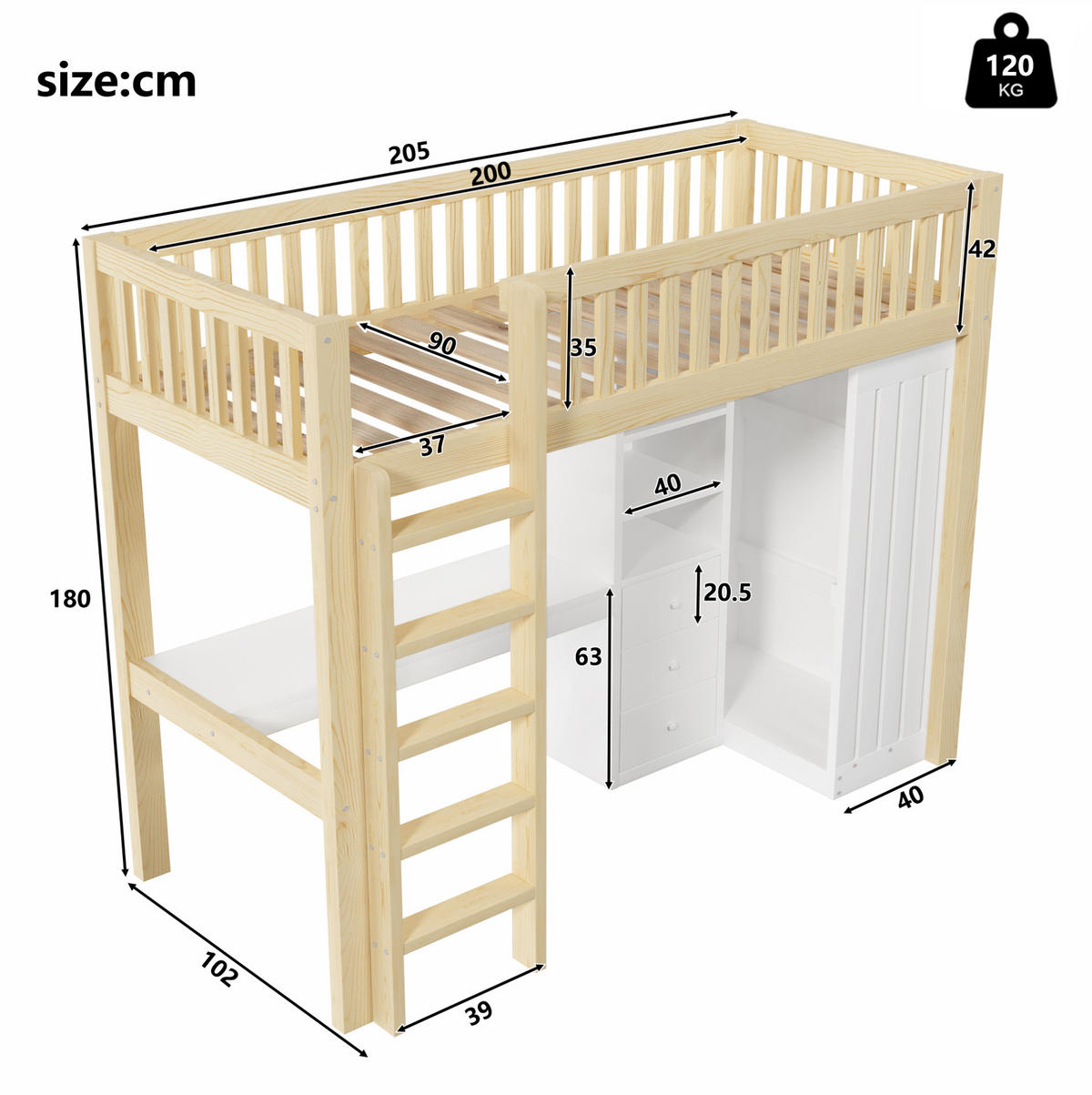 HOCHBETT mit Schreibtisch 90/200 cm in Natur – mit Stauraum, Treppe und Rausfallschutz - Naturfarben, Holz (90/200cm) - BEAOK
