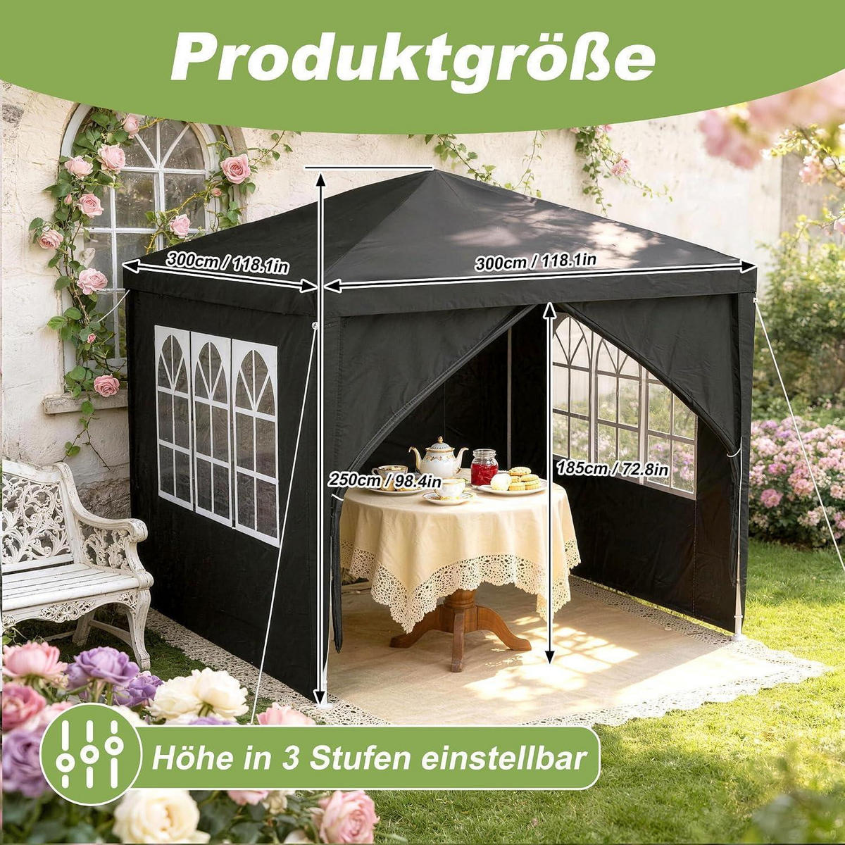 PAVILLON 3x3 m Anthrazit mit Seitenteilen und Fenstern - Anthrazit, Textil (250/300/300cm)