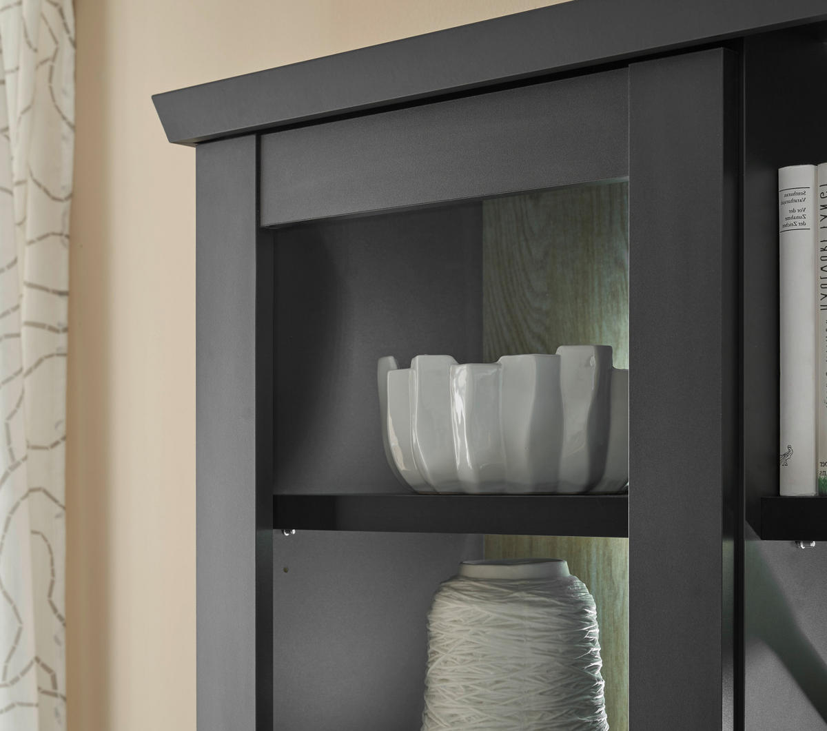 BUFFET schwarz matt, Eiche 158 cm, Buffetschrank Landhaus mit Soft-Close - Eichefarben/Messingfarben, Glas/Holzwerkstoff (158/201/42cm) - Furn.Design