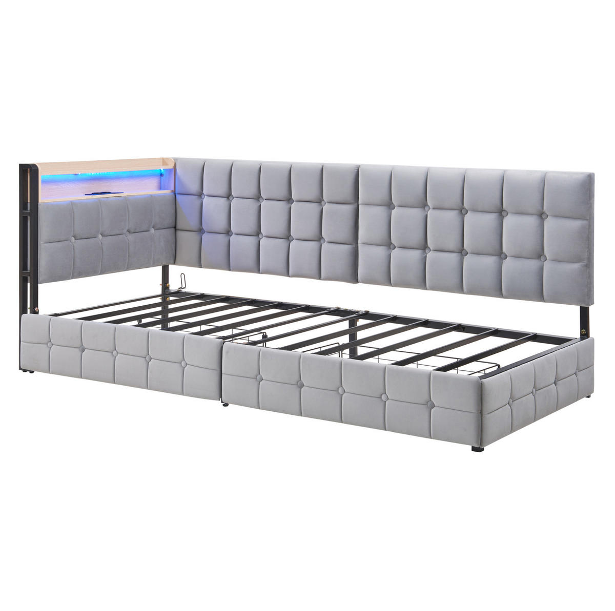 TAPECIRANI krevet na razvlačenje 90/200 cm sivi od tkanine s LED rasvjetom i 2 ladice - siva, tekstil (90/200cm) - OKWISH