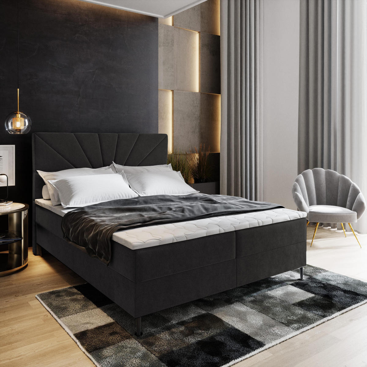 BOXBETT MURI 140x200 cm mit Matratze und Topper - Schwarz - Schwarz, Holz (140/200cm) - MASSENO