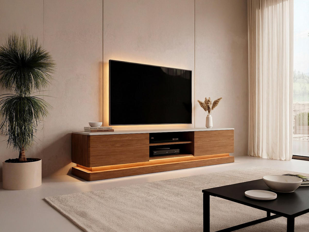 TV-BOARD - 190 cm x 40 cm - Holz, Platte - Naturfarben Dunkel, Beige - DEVIKA - Beige/Naturfarben, Holz (190/44/40cm) - Vente-Unique