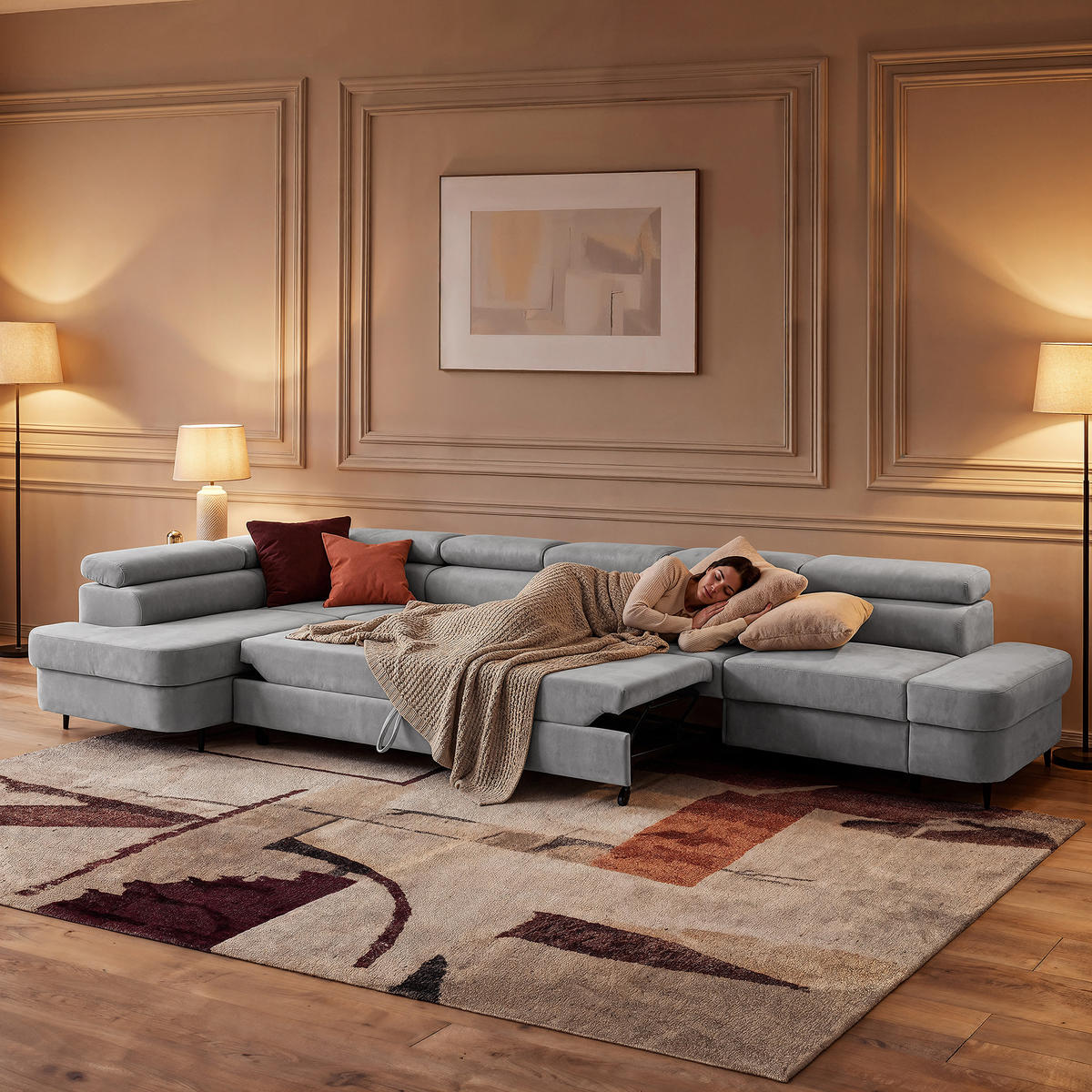 ECKSOFA PRIAM XXL L-Form Links mit Schlaffunktion 125x265 Velours Hellgrau - Hellgrau/Schwarz, Holz/Textil (203/420cm) - Muffo
