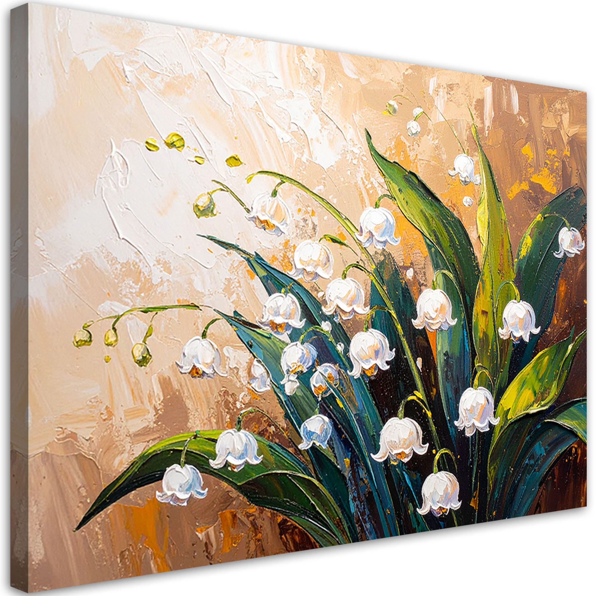 LEINWANDBILD Blumen Maiglöckchen auf beigem Hintergrund Imitation von Farbe 90x60cm - Beige, Textil (90/60cm) - Feeby